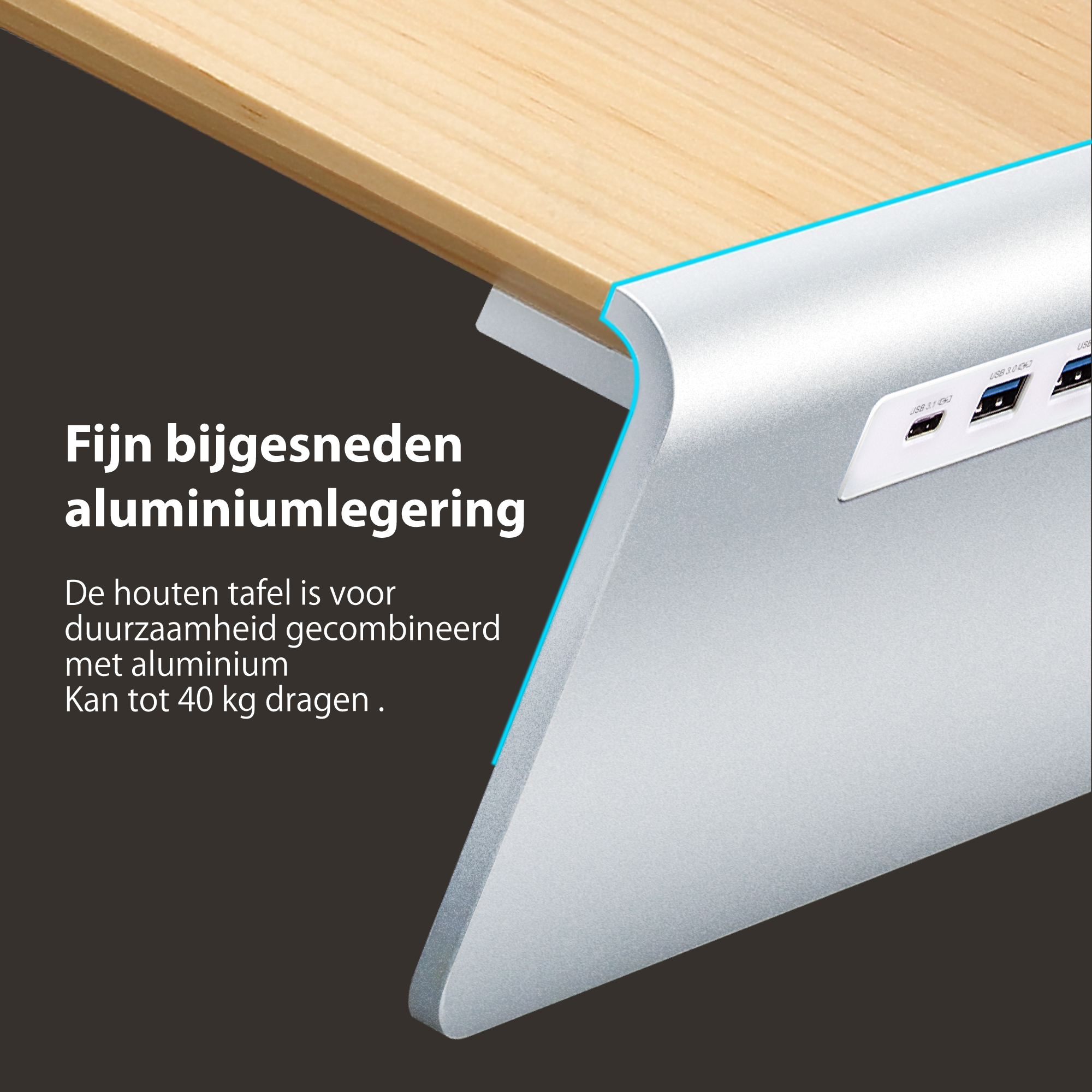 Gros plan sur un coin de bureau en bois avec un bord en aluminium, montrant du texte sur ses caractéristiques.