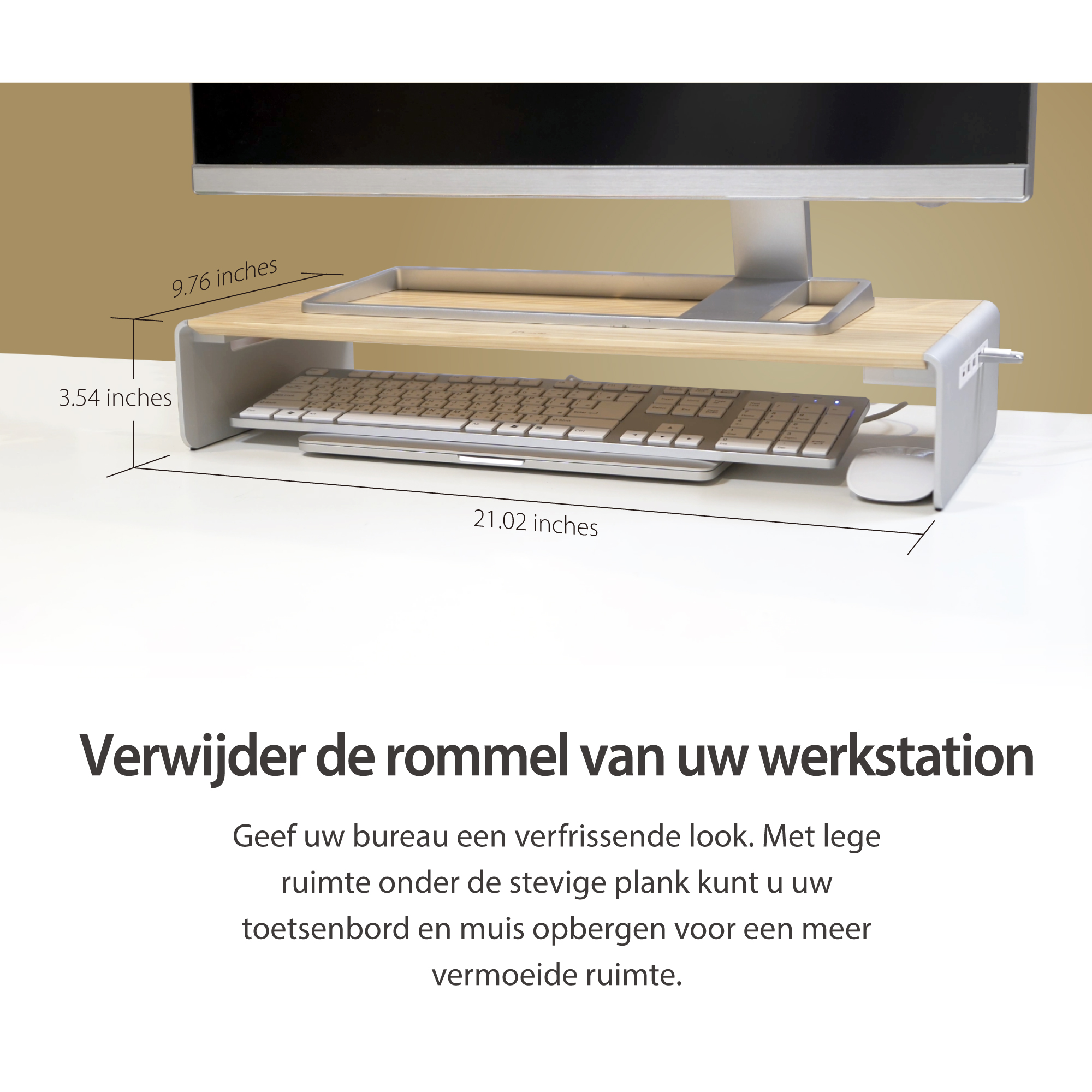Un support de moniteur en bois contient un moniteur, un clavier et une souris. Dimensions étiquetées.