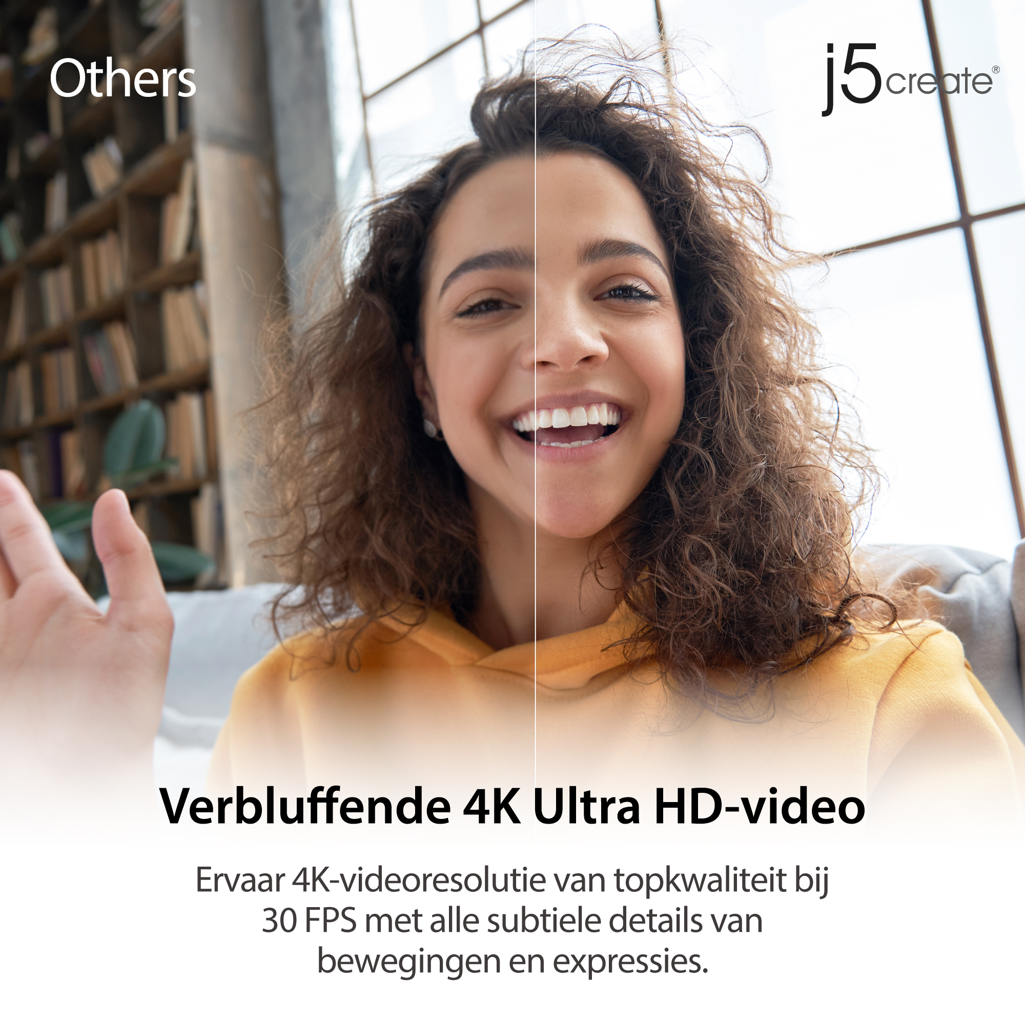 Uśmiechnięta kobieta. Podzielony ekran. Tekst: Verbluffende 4K Ultra HD-video. Logo j5create.