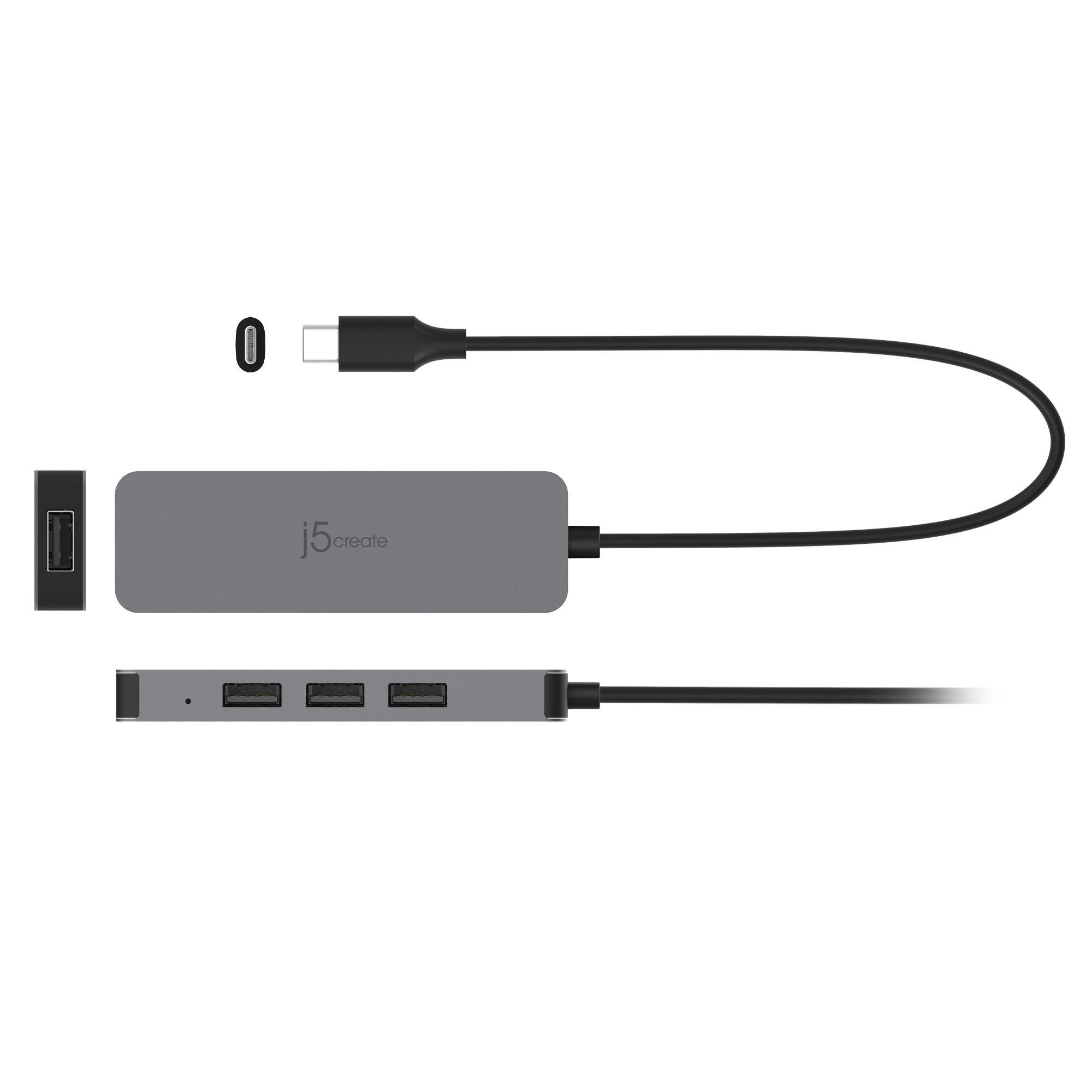 Ein grauer USB-Hub mit mehreren Anschlüssen und einem USB-C-Anschluss vor weißem Hintergrund.