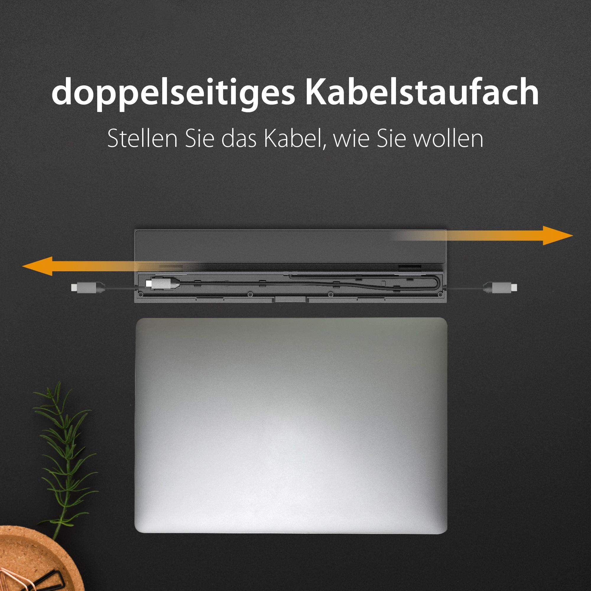 Kabelmanagementgerät mit Laptop und Kabeln. Es zeigt, wie man die Kabel verwaltet.