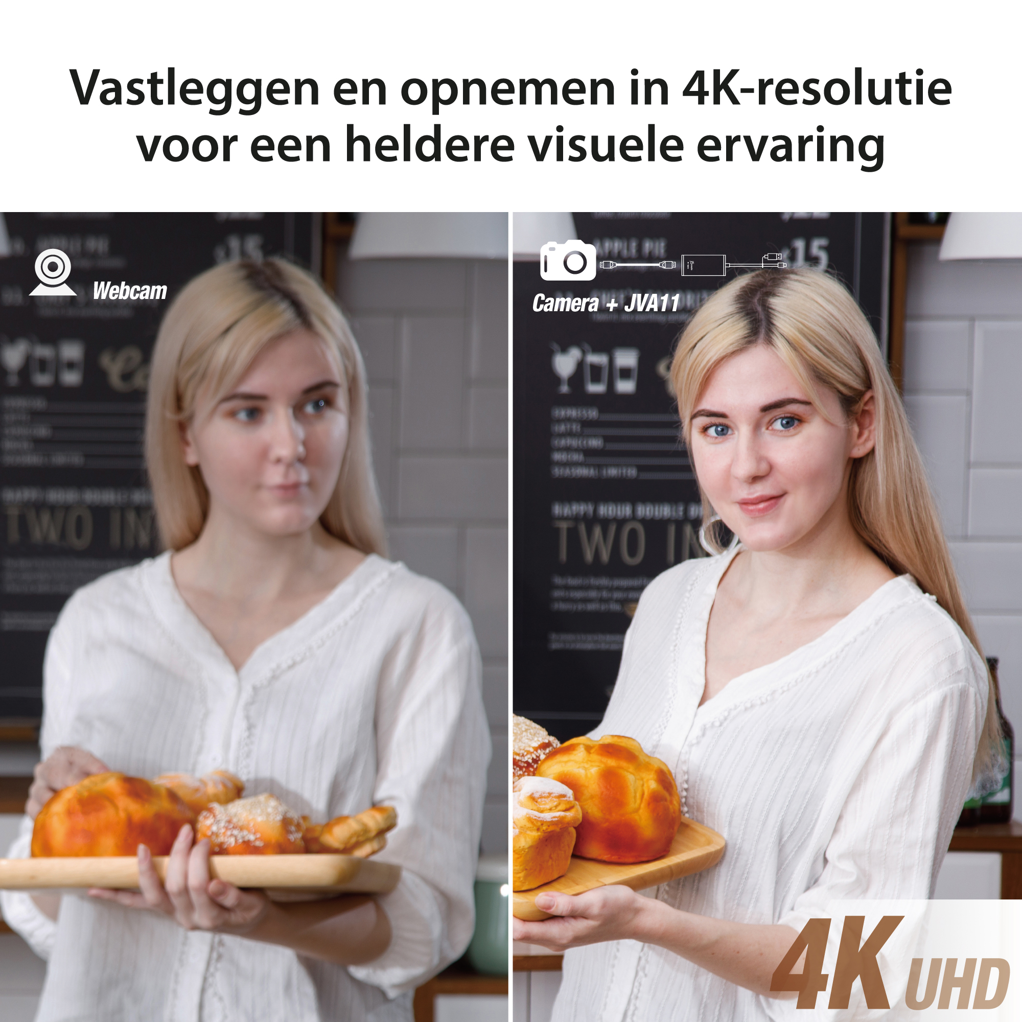 Mujer con comida frente a una webcam y una cámara. El texto indica resolución 4K con una etiqueta 4K UHD.