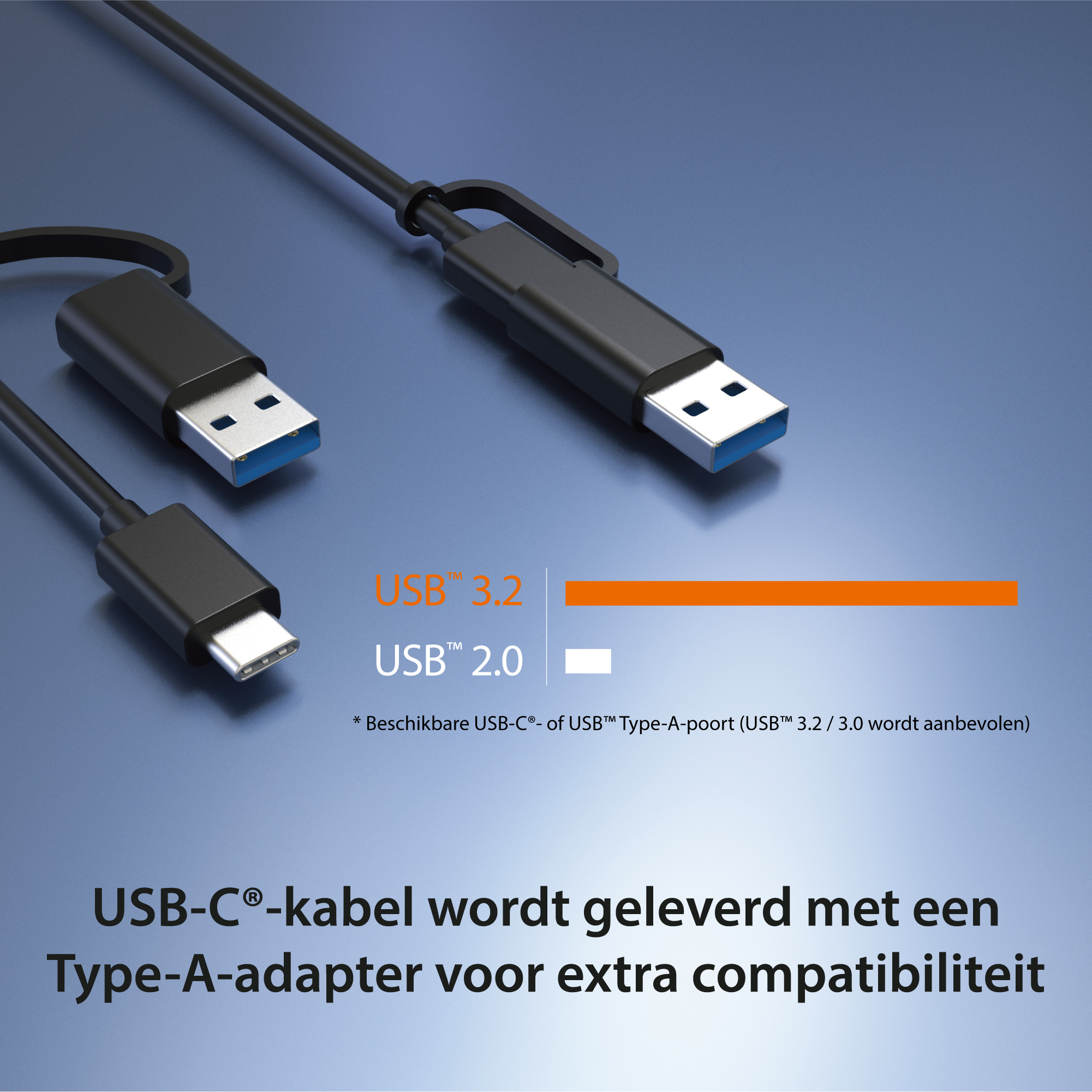 Cables USB. USB-C a USB-A y USB-A a USB-A. Barra naranja muestra la velocidad USB 3.2. Texto en la parte inferior.
