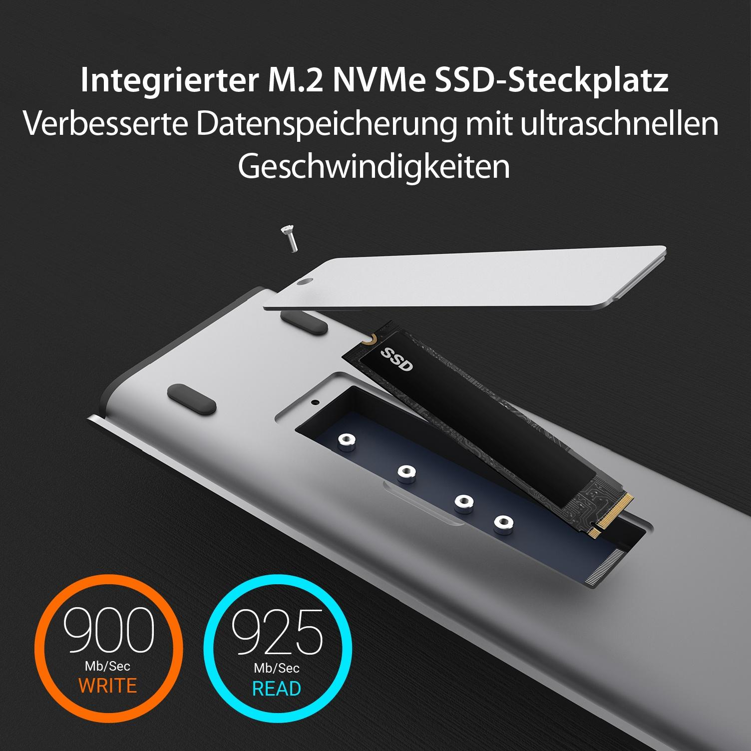 Un dispositivo argentato con un SSD nero installato. Vengono visualizzati i numeri 900 e 925.