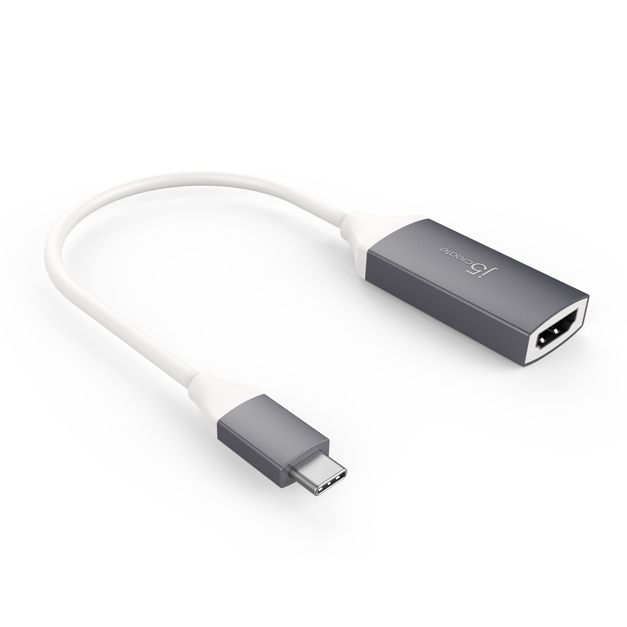 Cable adaptador gris USB-C a HDMI, cable blanco, aislado sobre blanco.