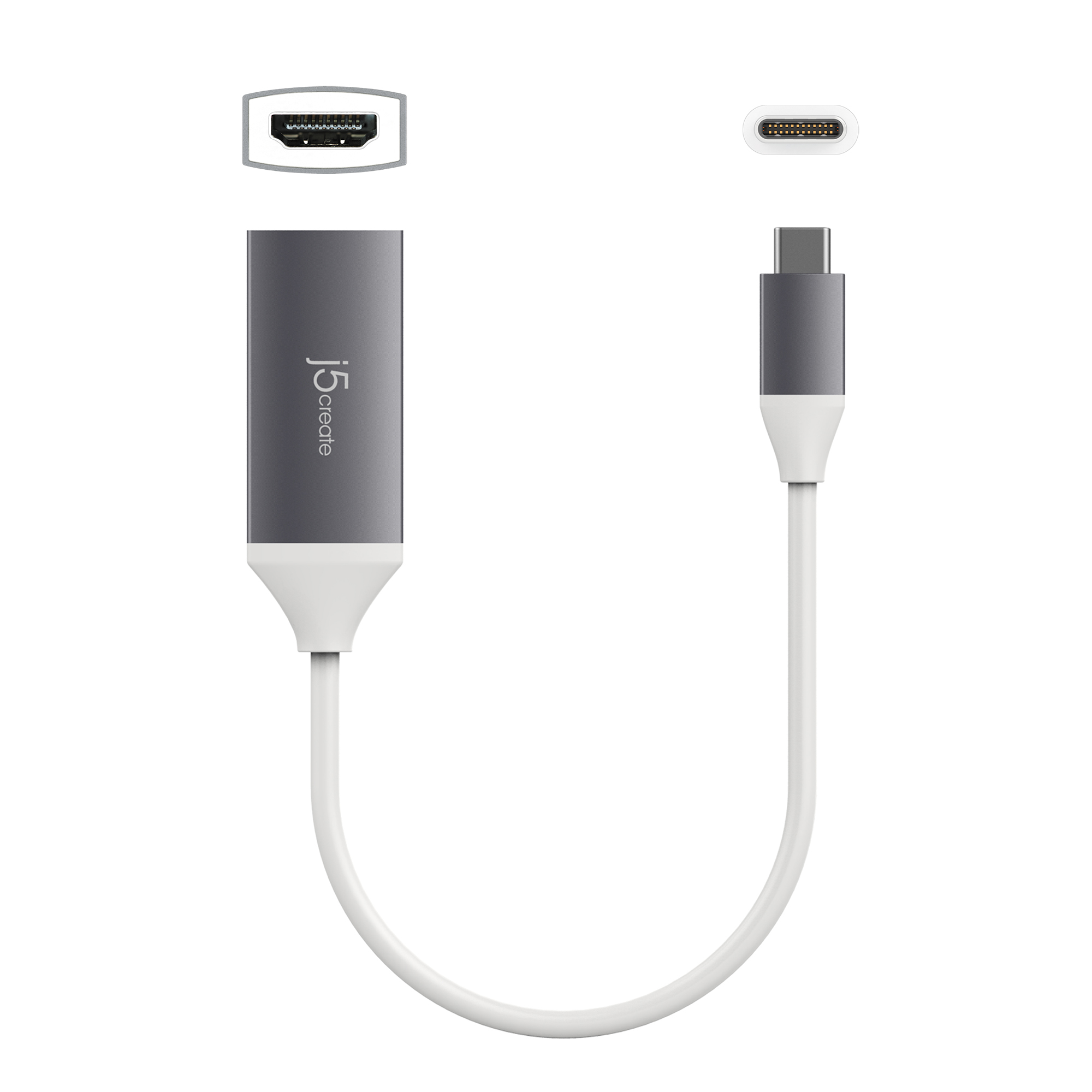 Un adaptador gris con puerto USB-C y HDMI, conectado por un cable blanco.
