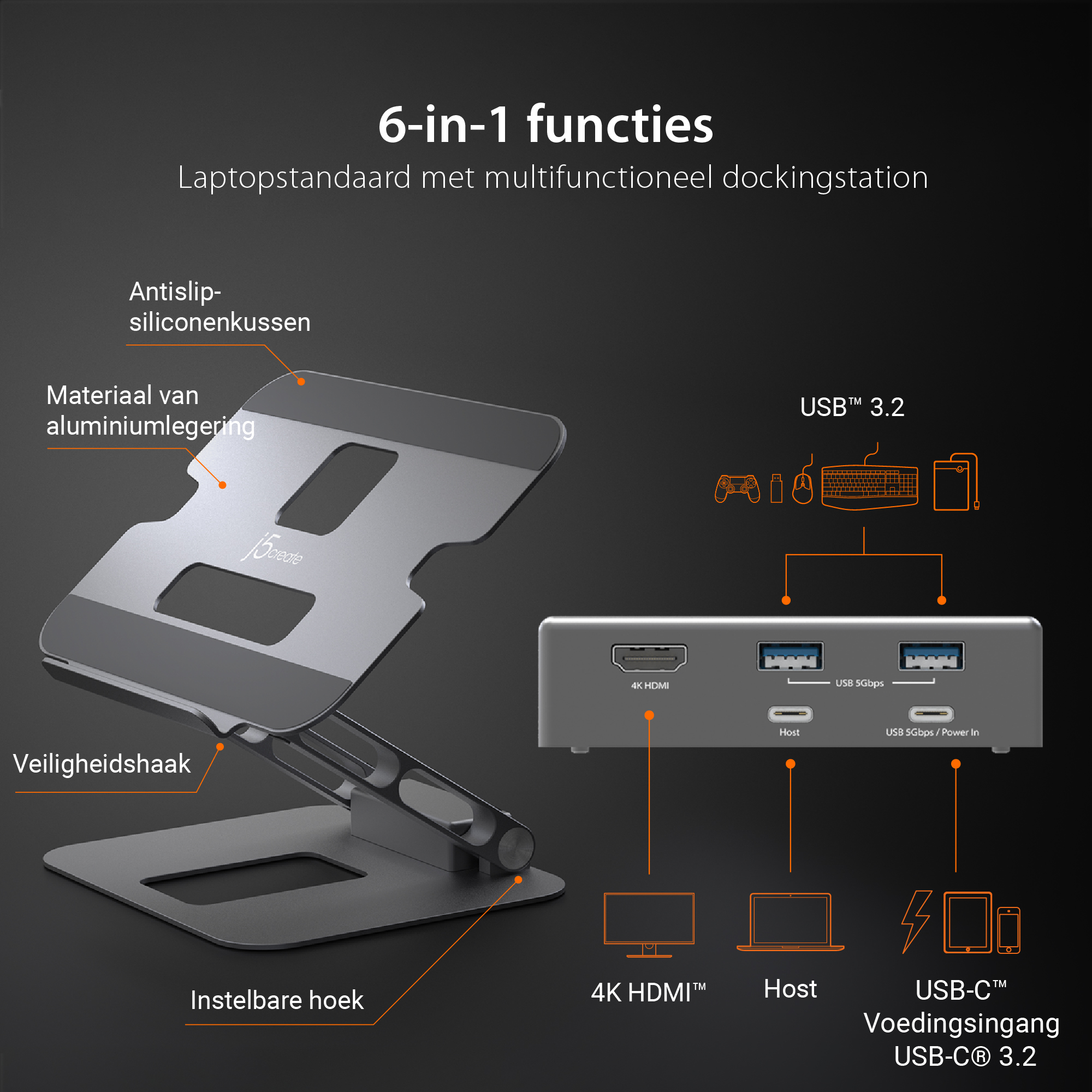 Laptopständer mit USB- und anderen Anschlüssen. Es gibt Symbole, die verbundene Geräte zeigen.