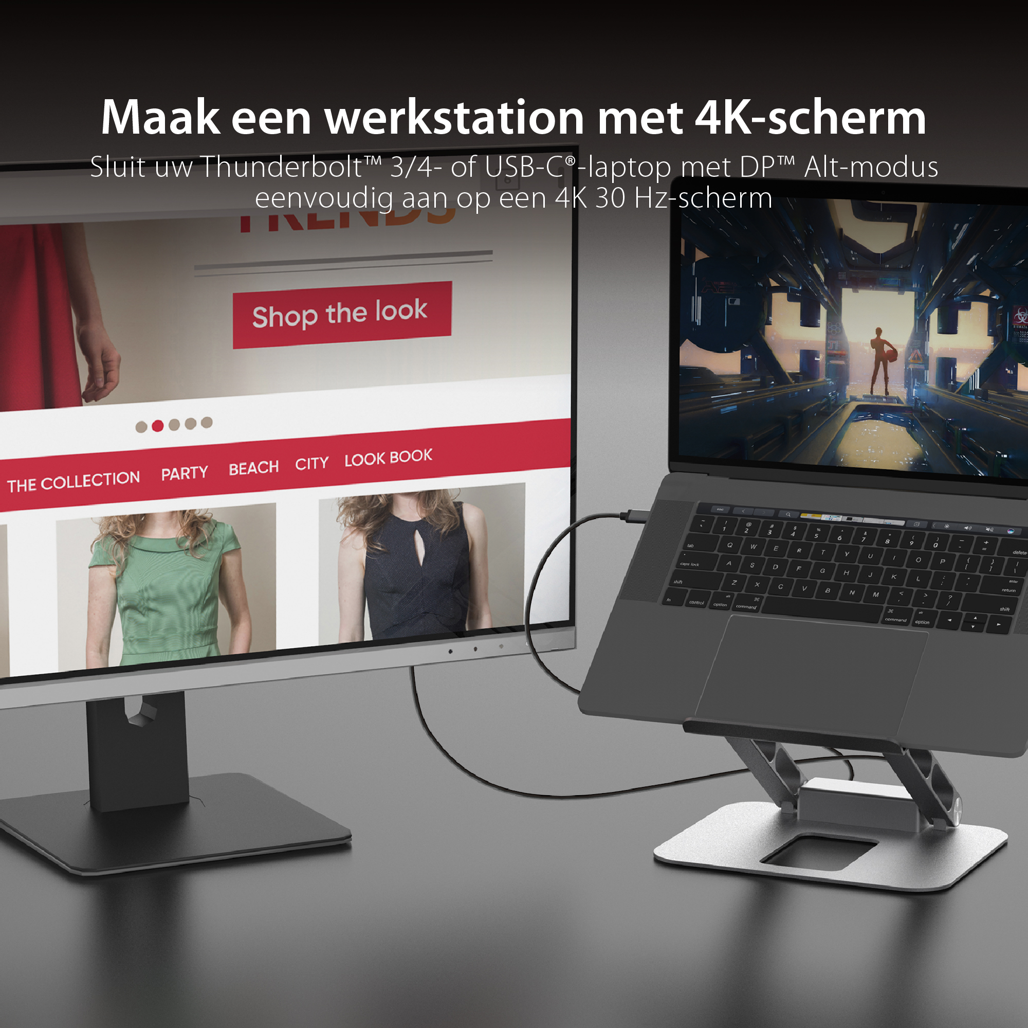 Ein Laptop ist mit einem Monitor verbunden. Der Monitor zeigt eine Website und ein Spiel. Das Setup ist modern.