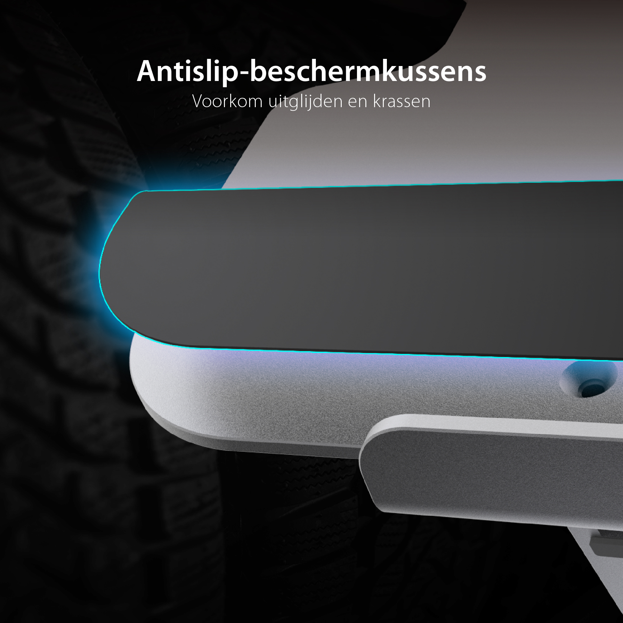 Nahaufnahme eines Autoteils mit dem Text 'Antislip-beschermkussens'.