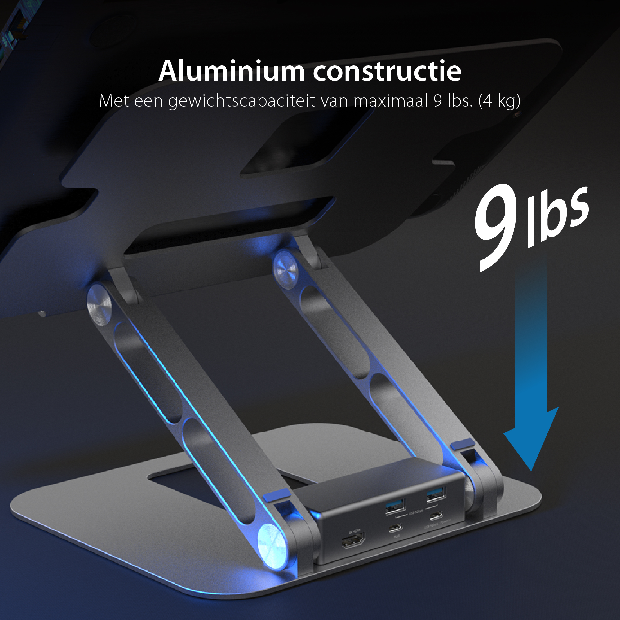 Silberner Laptopständer mit schwarzer Basis. Ein blauer Pfeil zeigt auf 9 lbs.