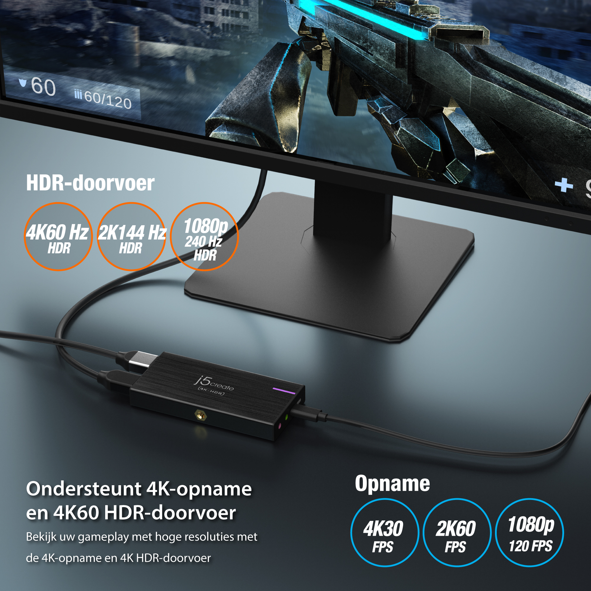 Konfiguracja monitora pokazująca HDR i inne funkcje wyświetlania, z podłączonymi kablami.