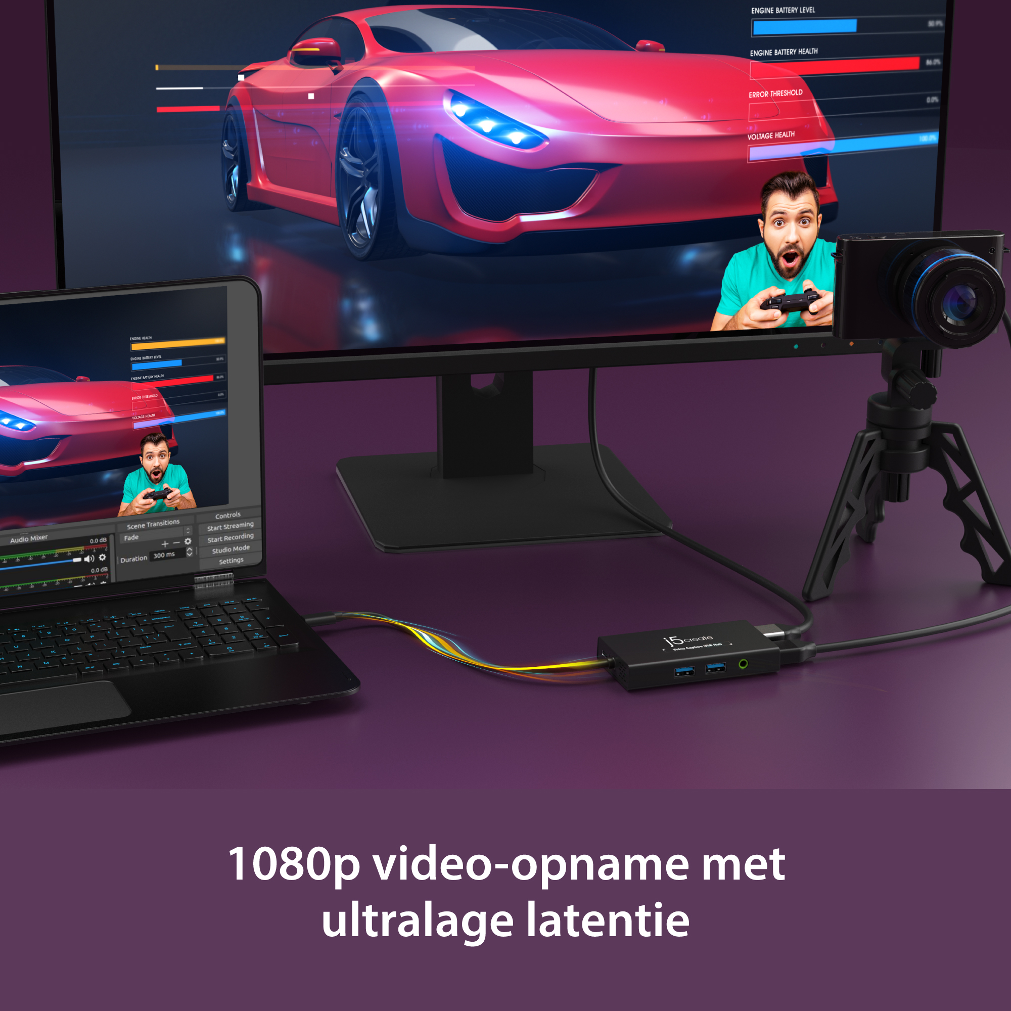 Mężczyzna grający na laptopie i monitorze pokazującym czerwony samochód, z kablami.