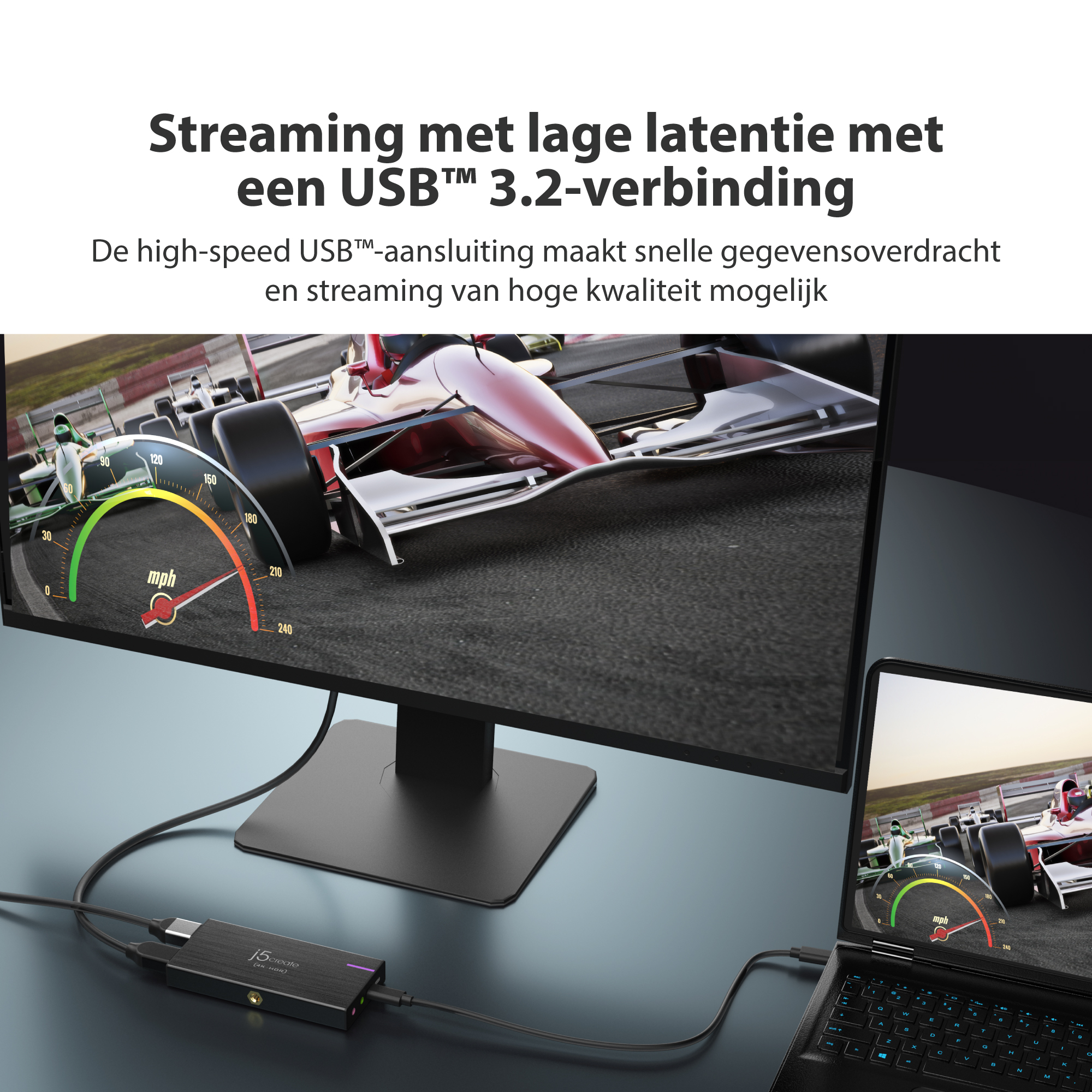 Konfiguracja z laptopem, monitorem i połączeniem USB 3.2, transmitująca grę wyścigową.