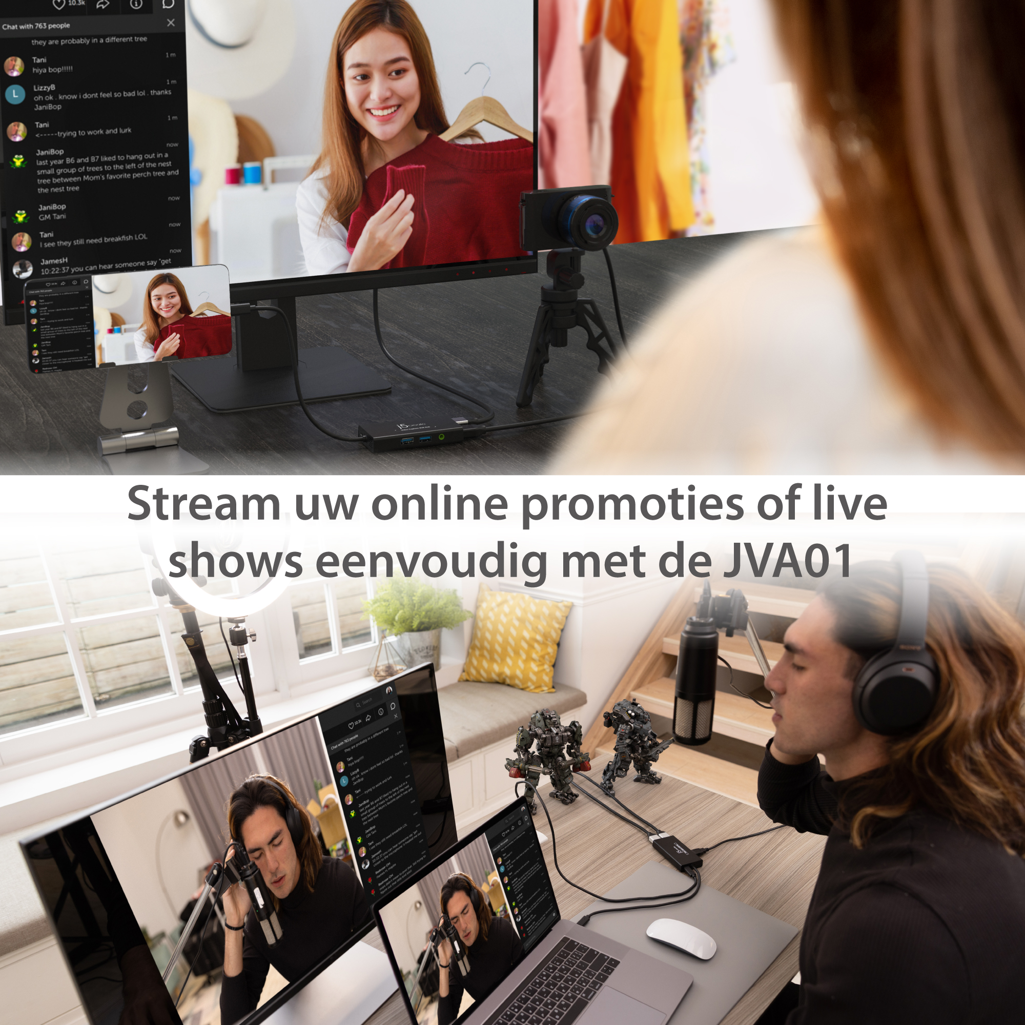 Konfiguracja streamingu z wieloma ekranami, kamerą i osobą ze słuchawkami.