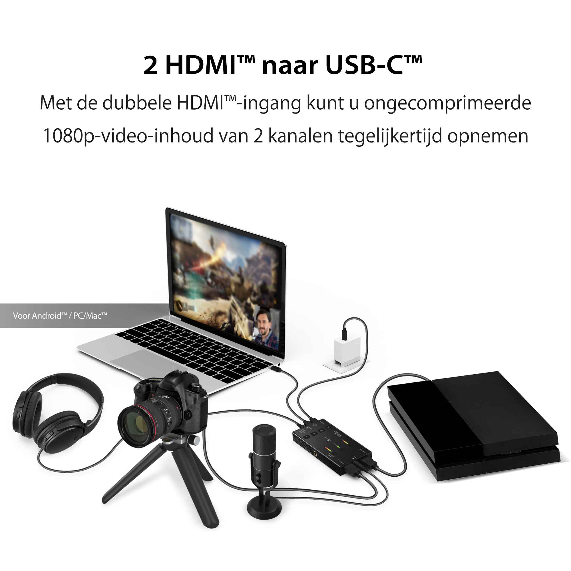 Laptop, aparat, mikrofon i inne podłączone urządzenia, ilustrujące użycie HDMI do USB-C.