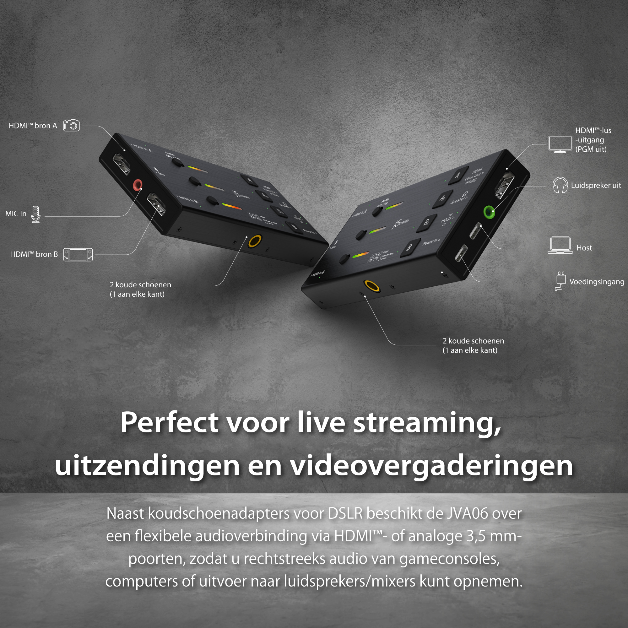 Czarne urządzenia z etykietami, połączone kablami, wyświetlające połączenia HDMI i audio.