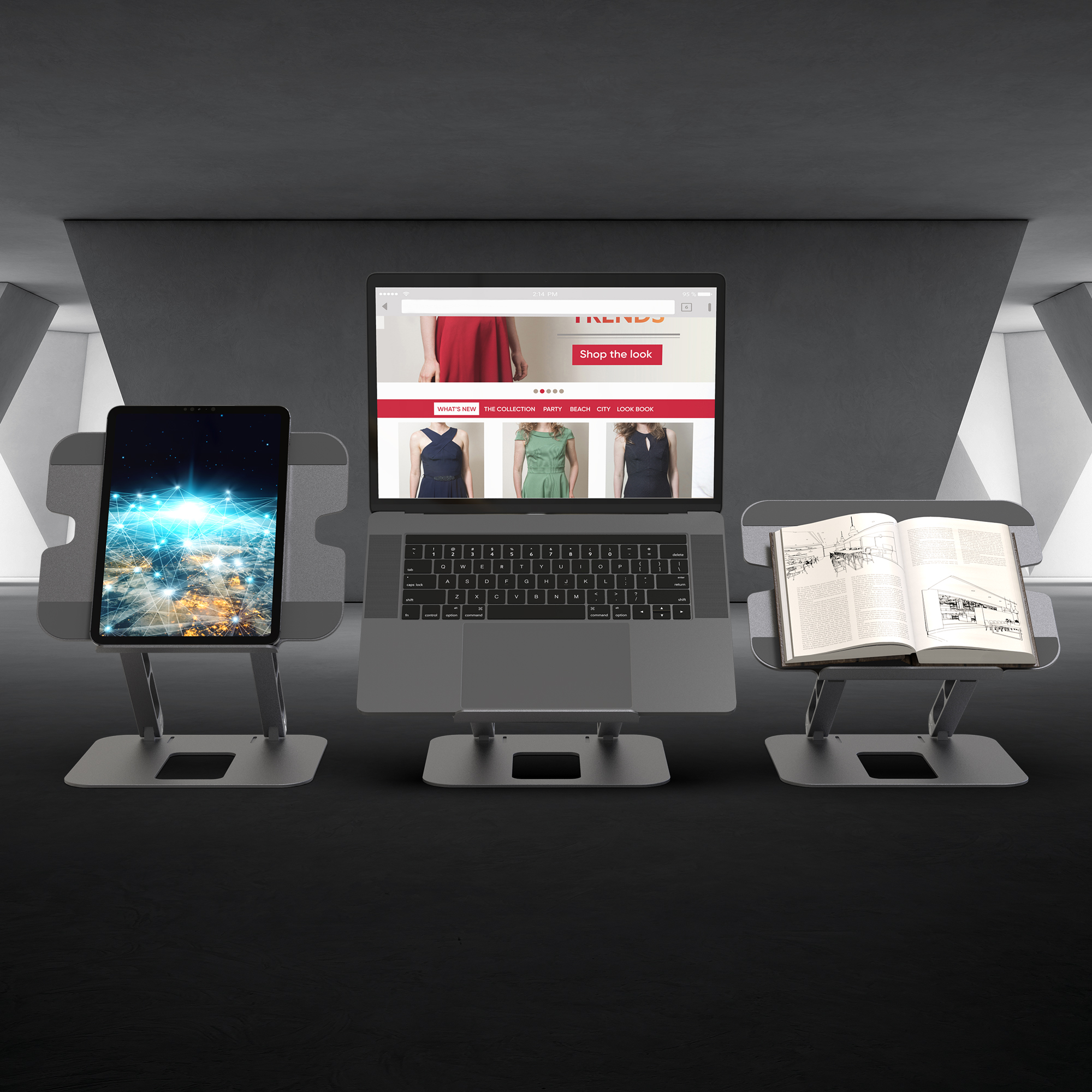 Three laptop and tablet stands with devices: tablet, laptop with website, and a book. Dark background.