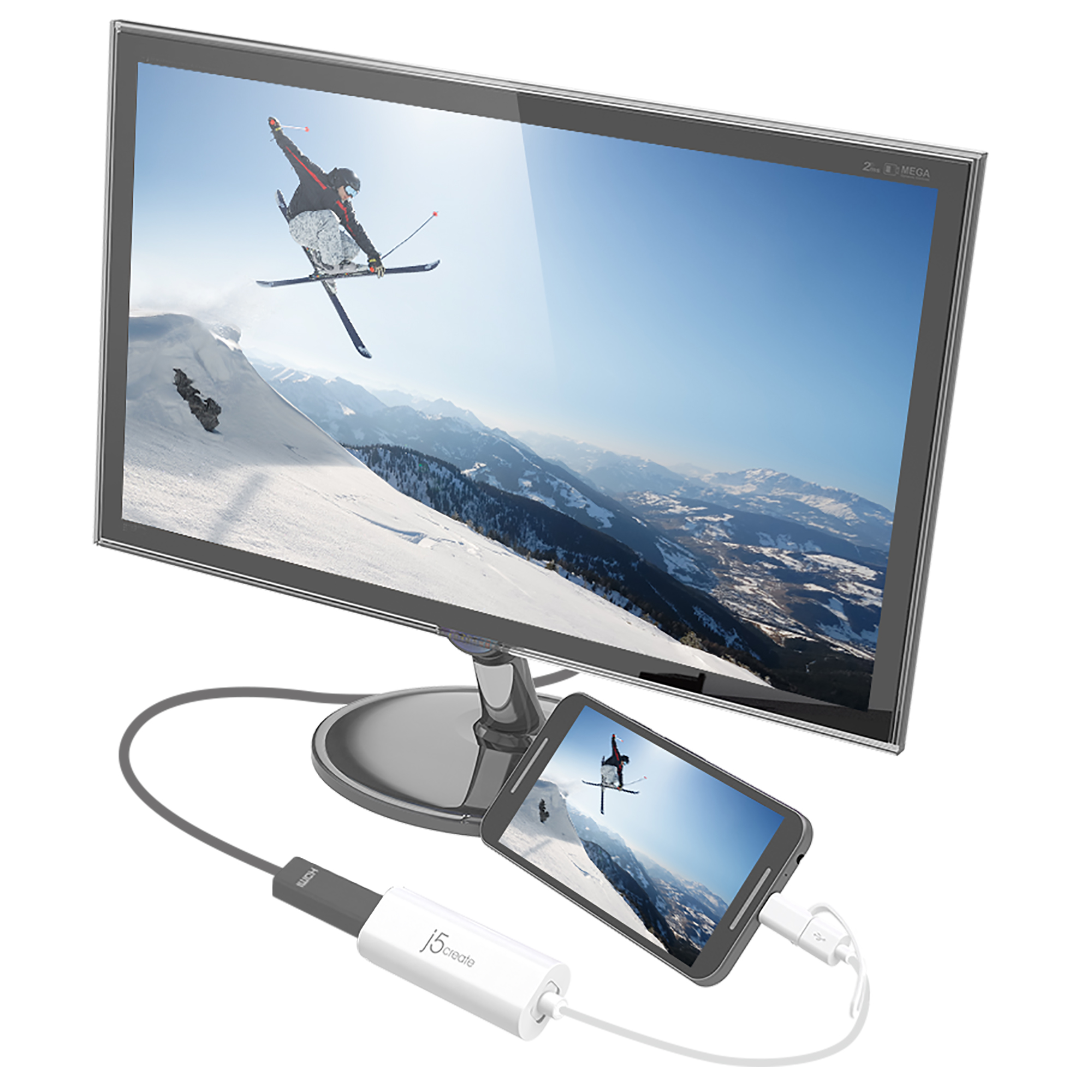 Un teléfono que refleja una escena de esquí en una pantalla de TV, conectado por un adaptador y cables blancos.