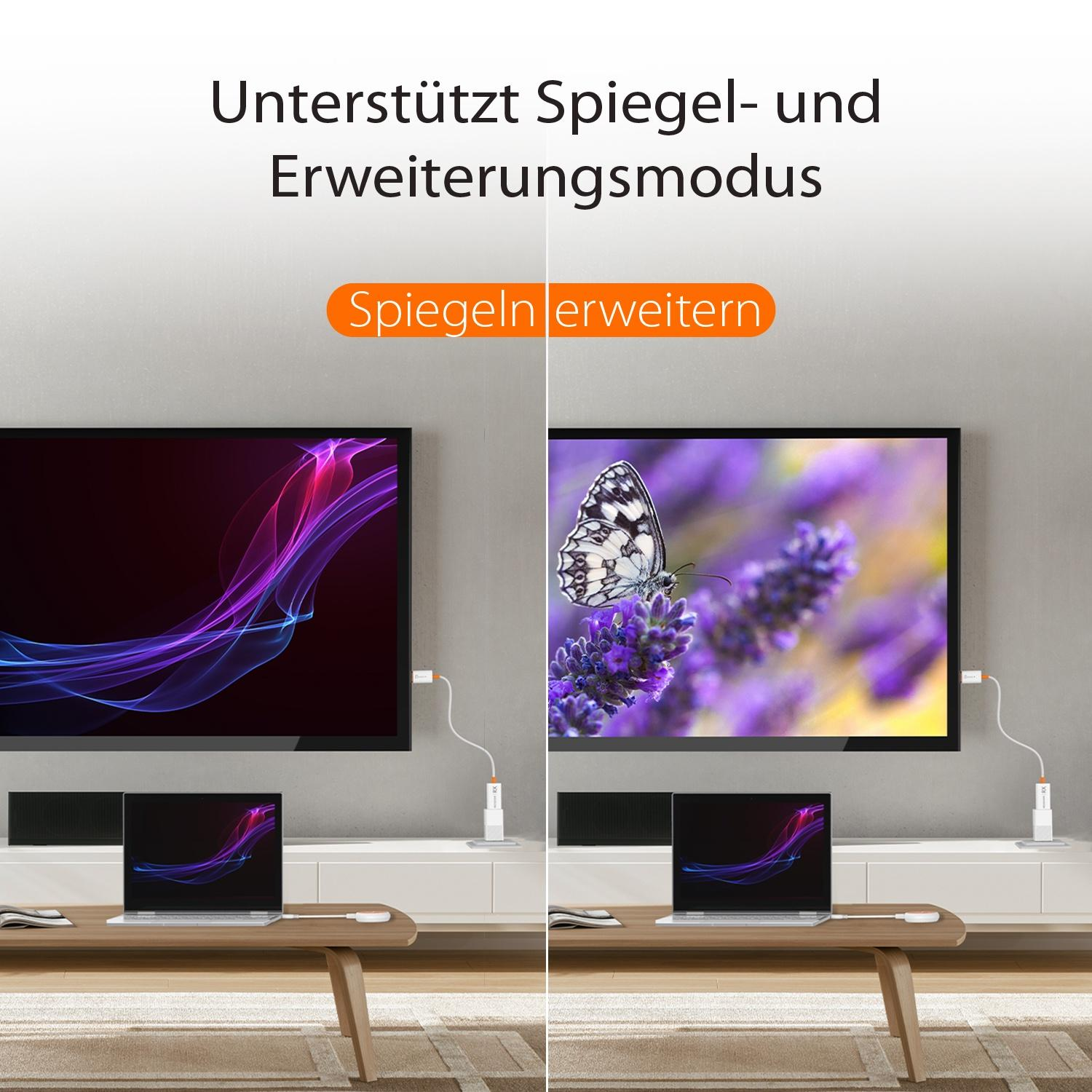 Zwei Bildschirme mit Laptop-Anzeige, links lila Linien, rechts Schmetterling.