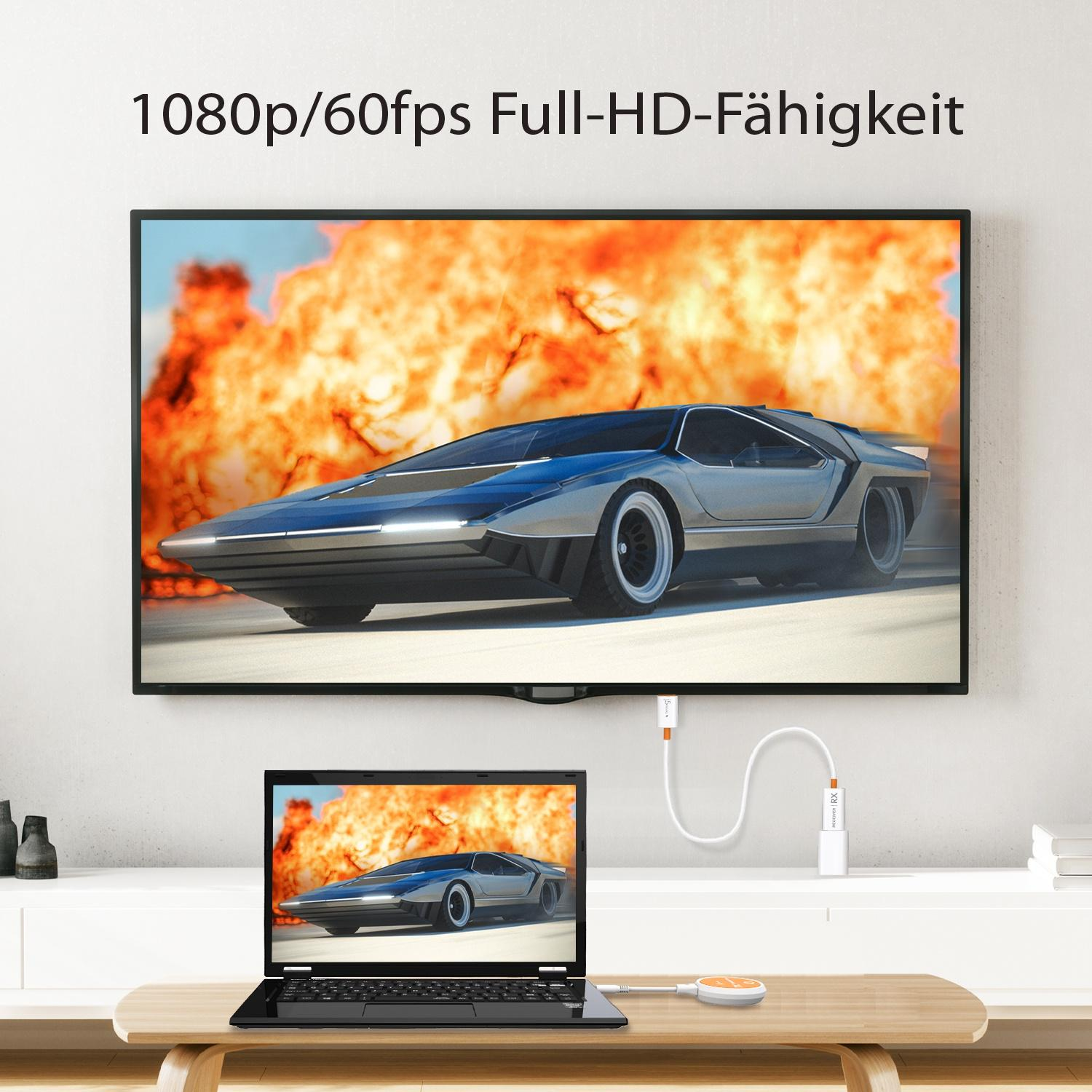 Ein Fernseher zeigt eine Autorennszene. Ein Laptop zeigt dieselbe Szene. Ein weißes Kabel verbindet sie. Der Hintergrund ist weiß.