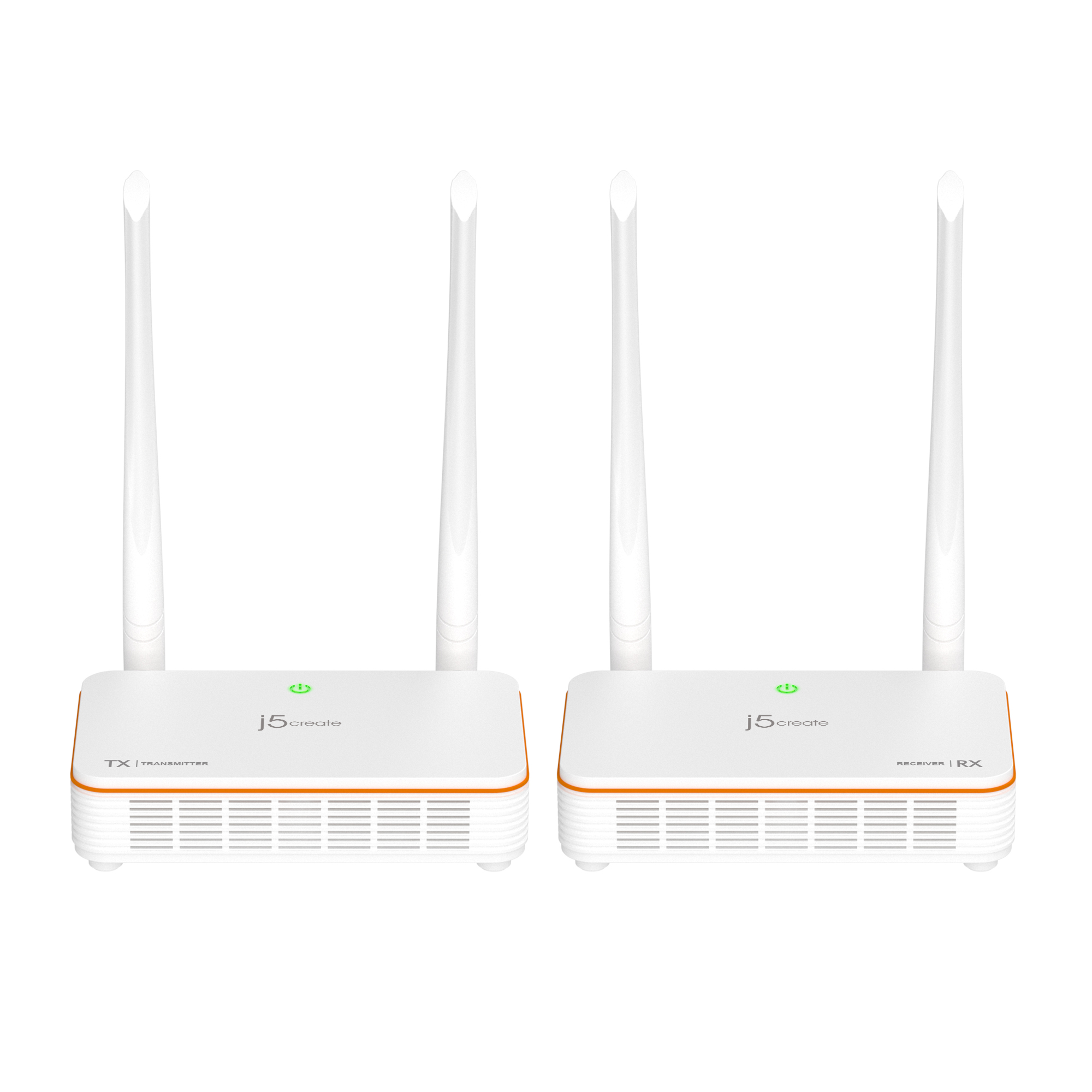 Zwei weiße Router mit Antennen, beschriftet mit 'TX' und 'RX', stehen aufrecht.