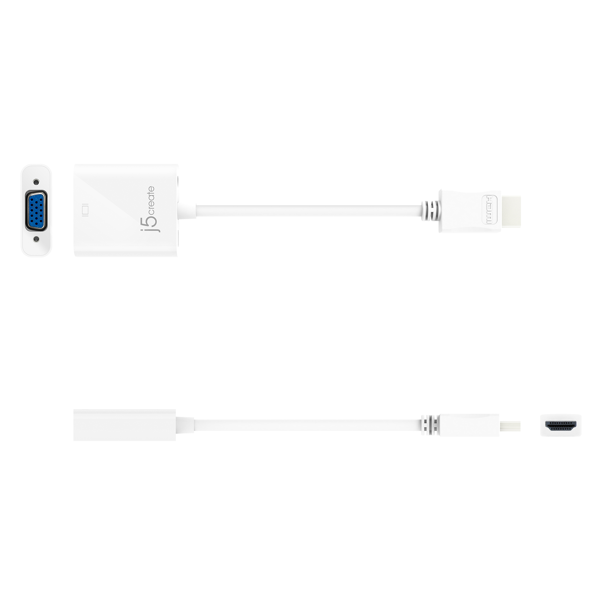 Dos adaptadores HDMI y un adaptador VGA. Fondo blanco. Diseño superior e inferior.