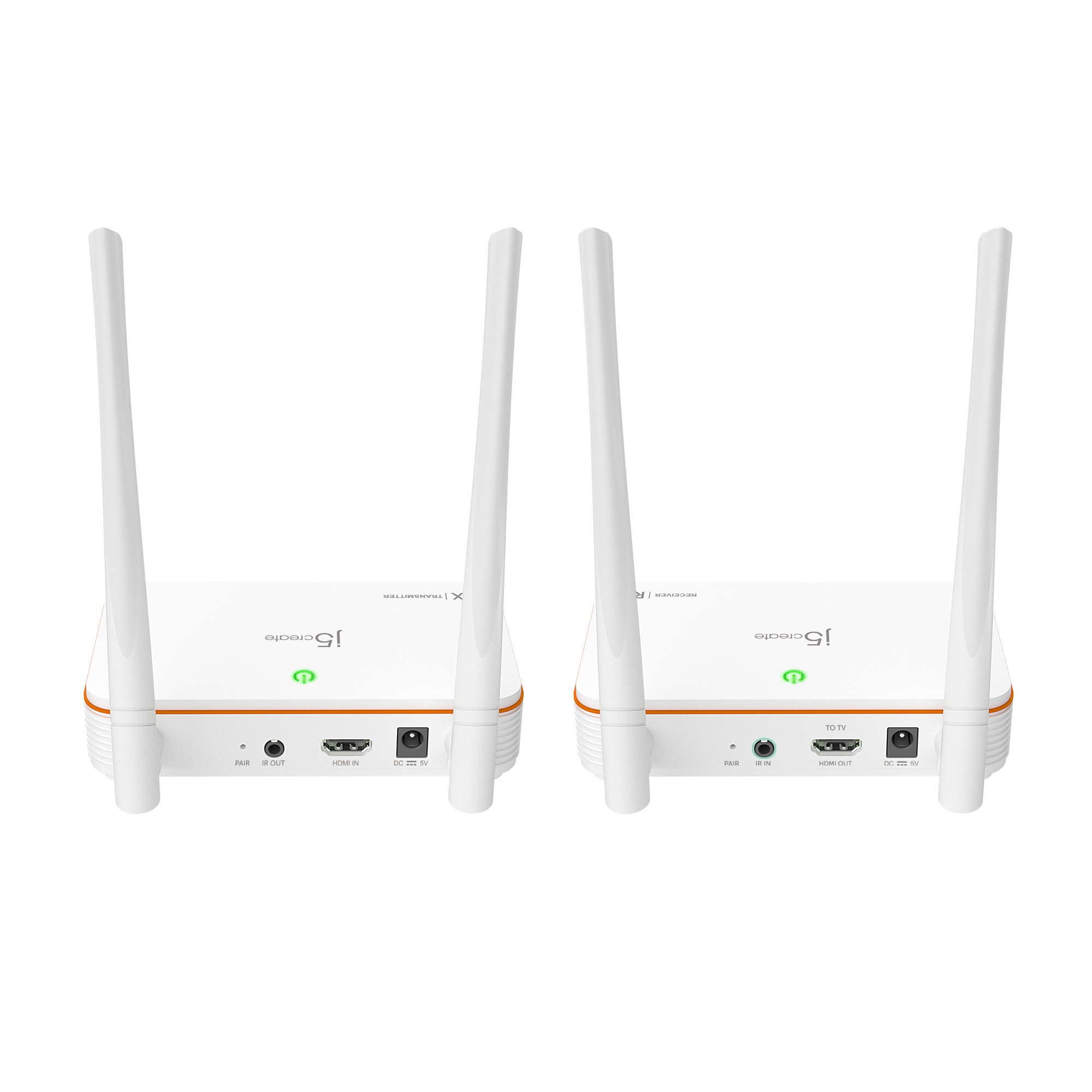Zwei weiße Wi-Fi-Extender mit Antennen. Jedes hat Anschlüsse und eine grüne Betriebsanzeige.