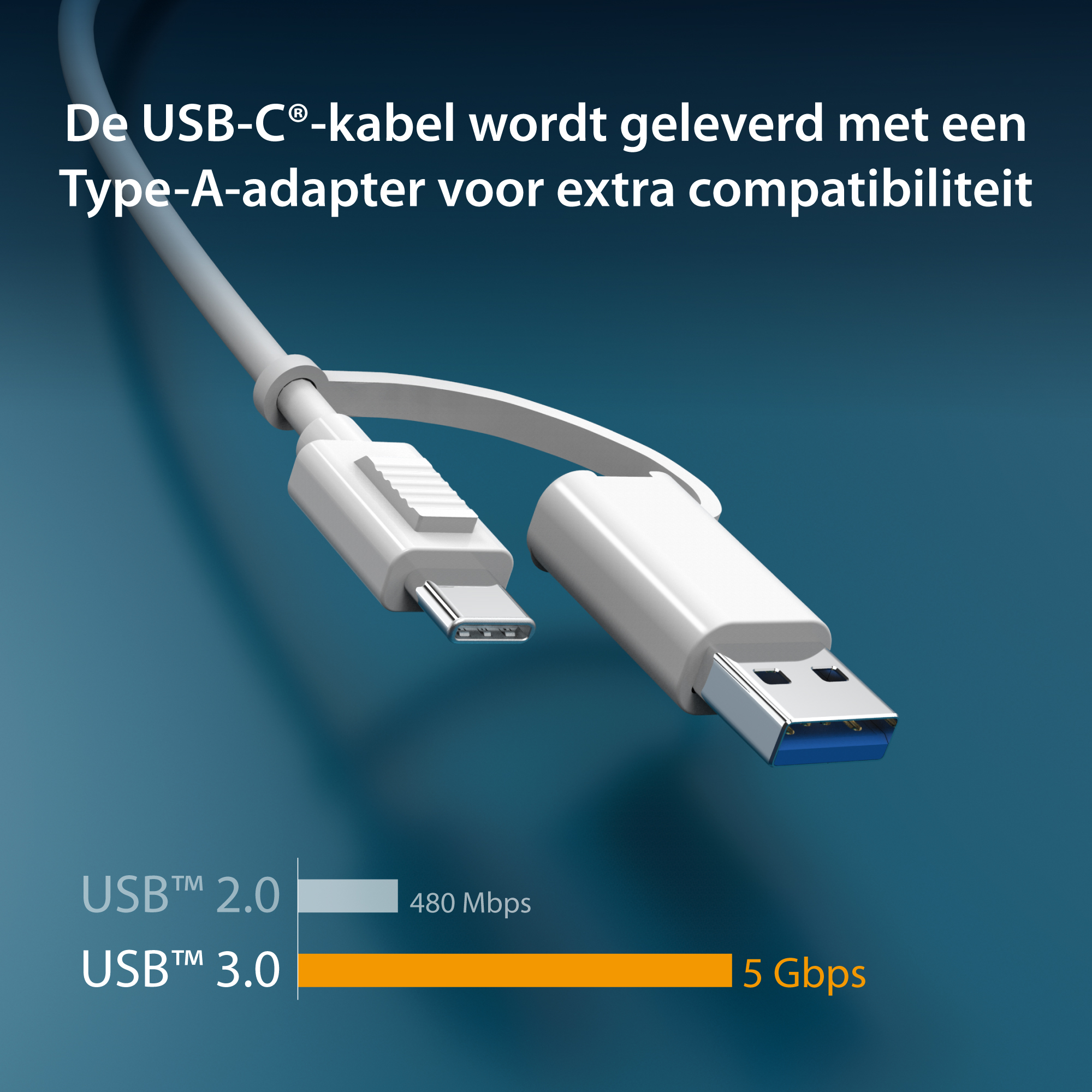 Un cable USB-C blanco con un adaptador USB-A. El cable está sobre fondo azul.