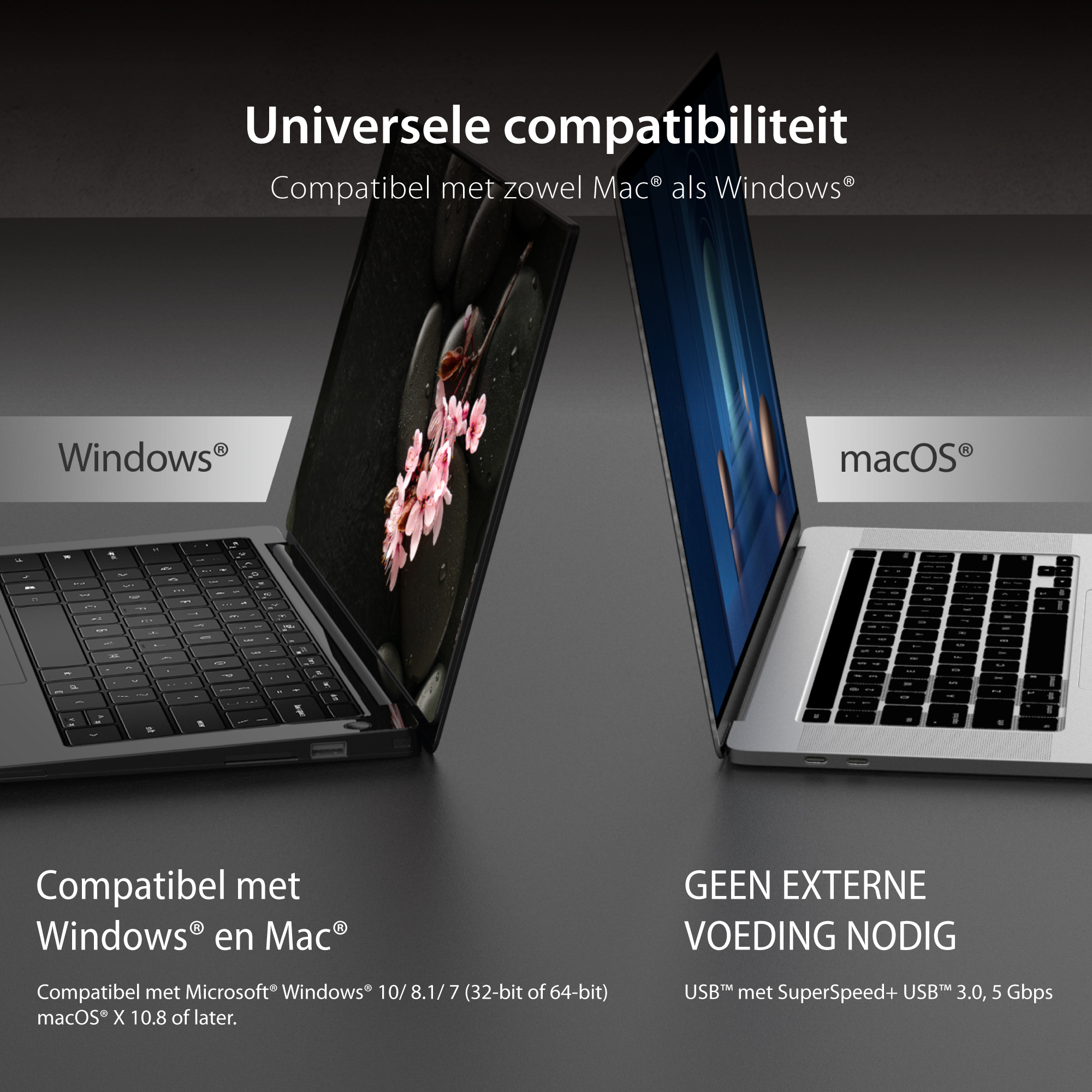 Portátiles, uno con Windows, otro con macOS, con texto sobre compatibilidad y fuente de alimentación.
