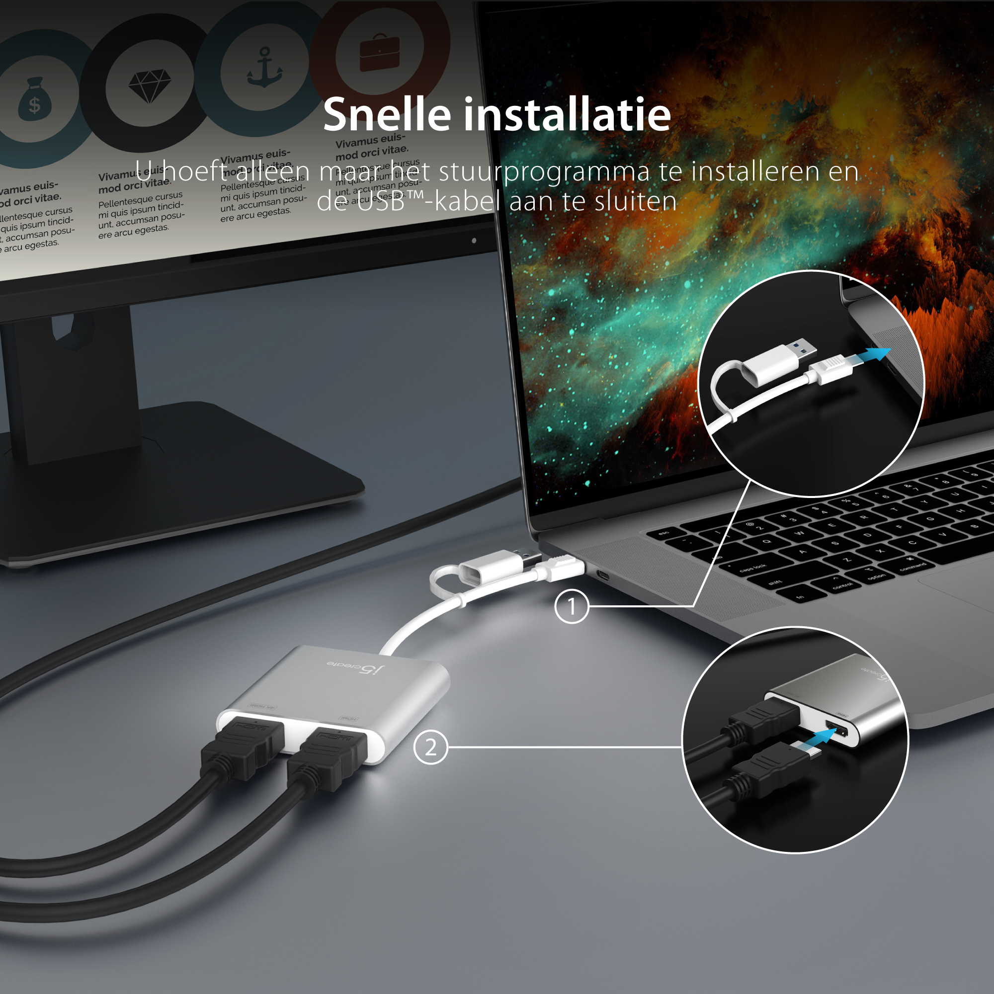 Un portátil conectado a un monitor y otros dispositivos mediante cables. El texto dice "Snelle installatie".