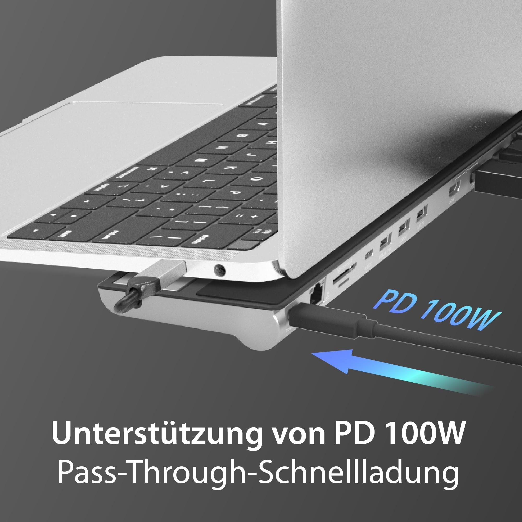 Laptop mit angeschlossenem Hub, der mit dem Laptop verbunden ist. Text auf Deutsch.