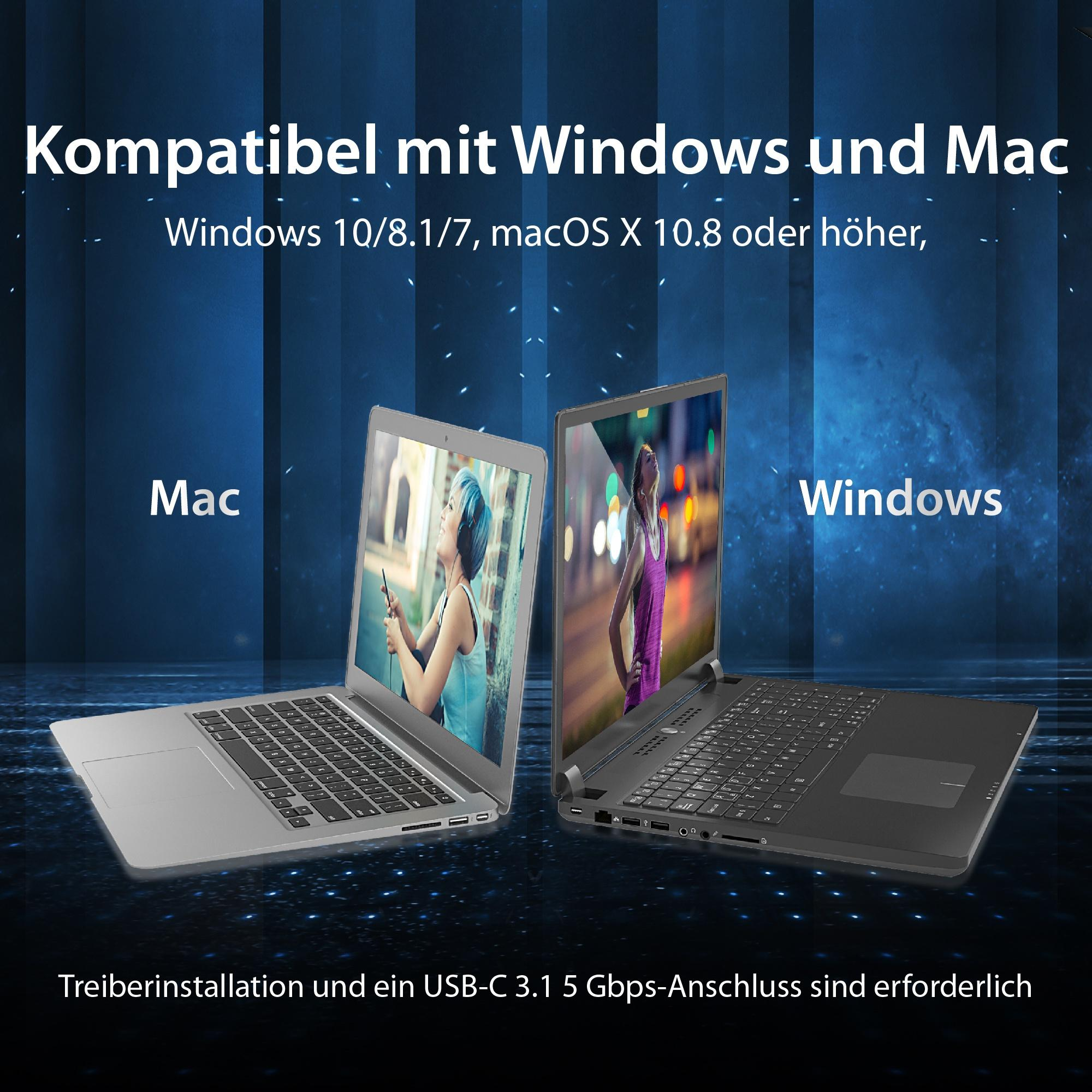 Laptops, ein Mac und ein Windows. Text sagt, sie sind kompatibel.