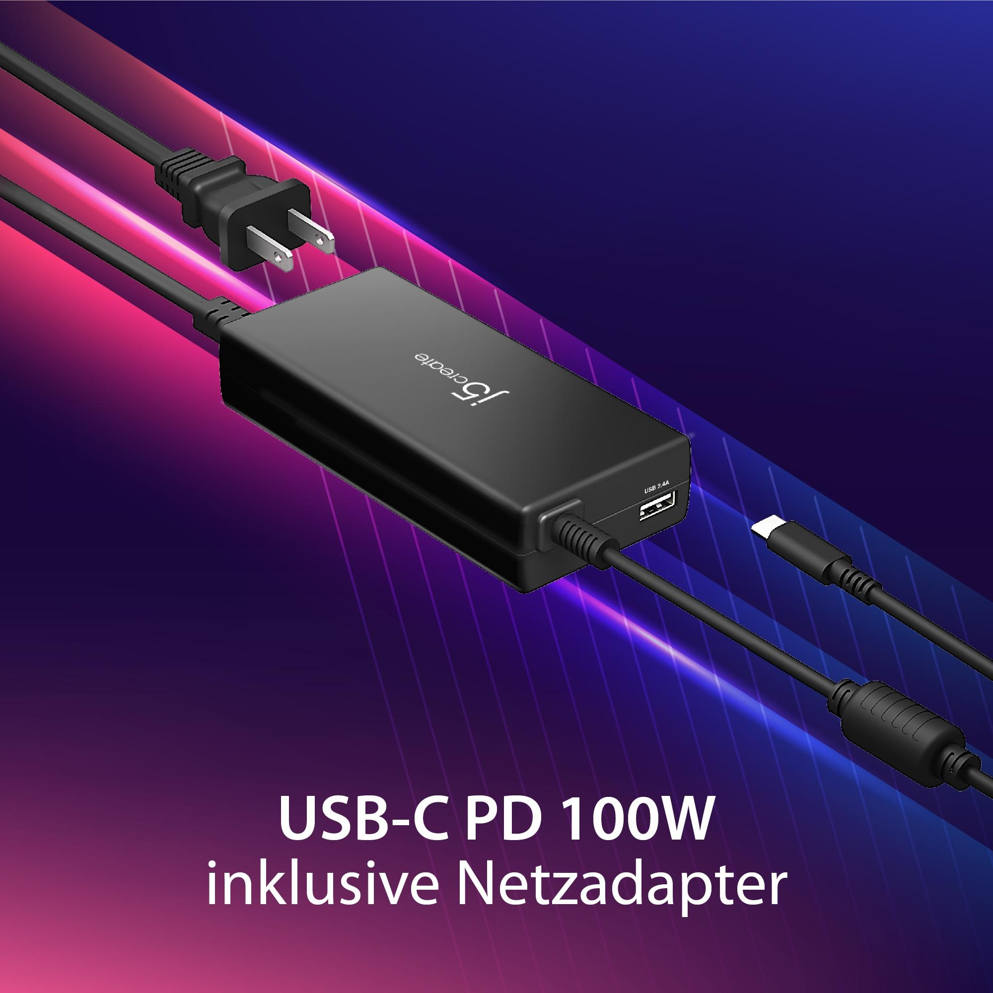 Schwarzer j5create-Adapter mit USB-C und Netzstecker. Lila-blauer Farbverlaufshintergrund.