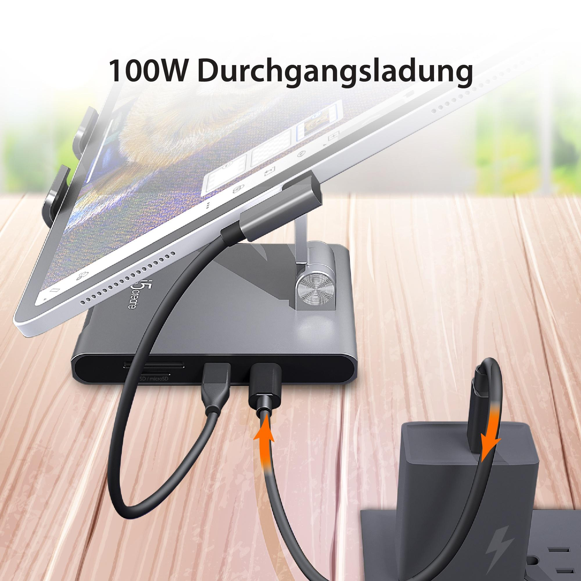 Tablet an Hub mit mehreren Anschlüssen angeschlossen, lädt über eine Steckdose.
