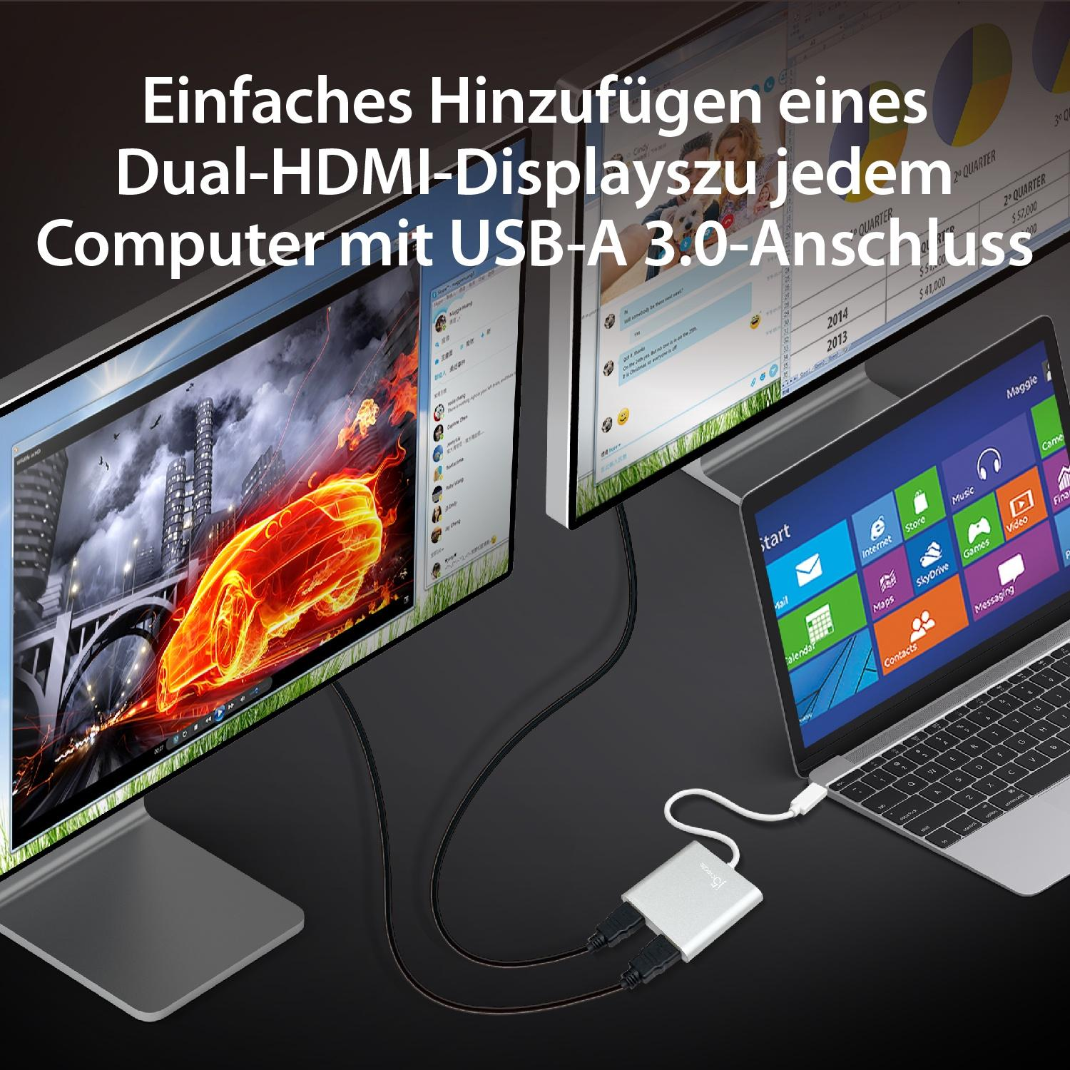 Dos monitores con portátil y adaptador USB-A. Texto visible.