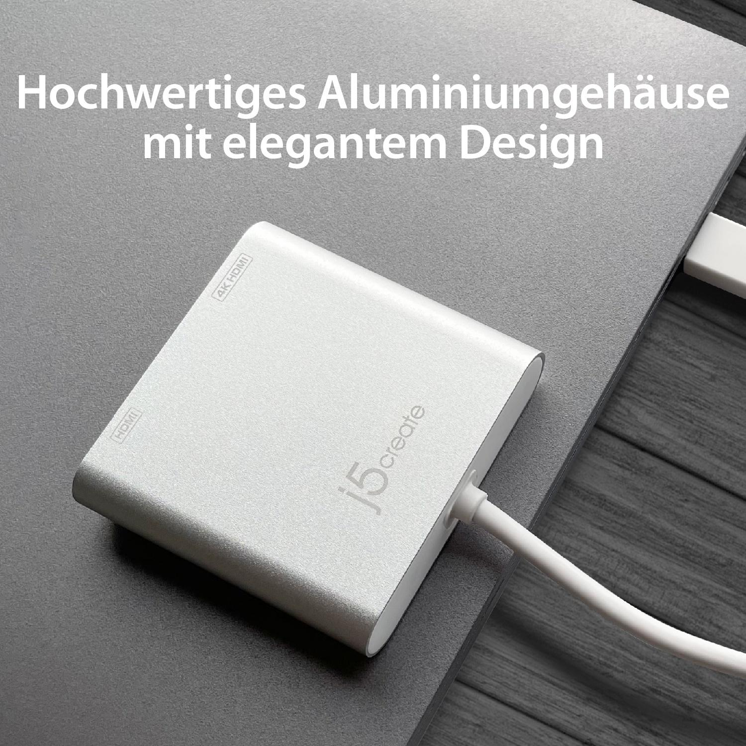 Adaptador j5create plateado con cable blanco. El texto '4K HDMI' está en el lateral. Fondo gris.