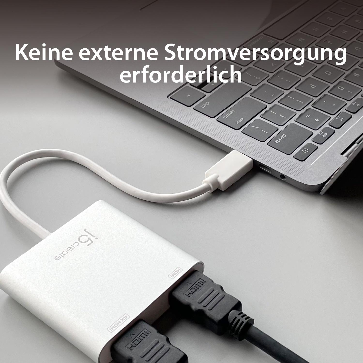 Adaptador blanco conectado a portátil y monitor. Texto: No requiere alimentación externa.