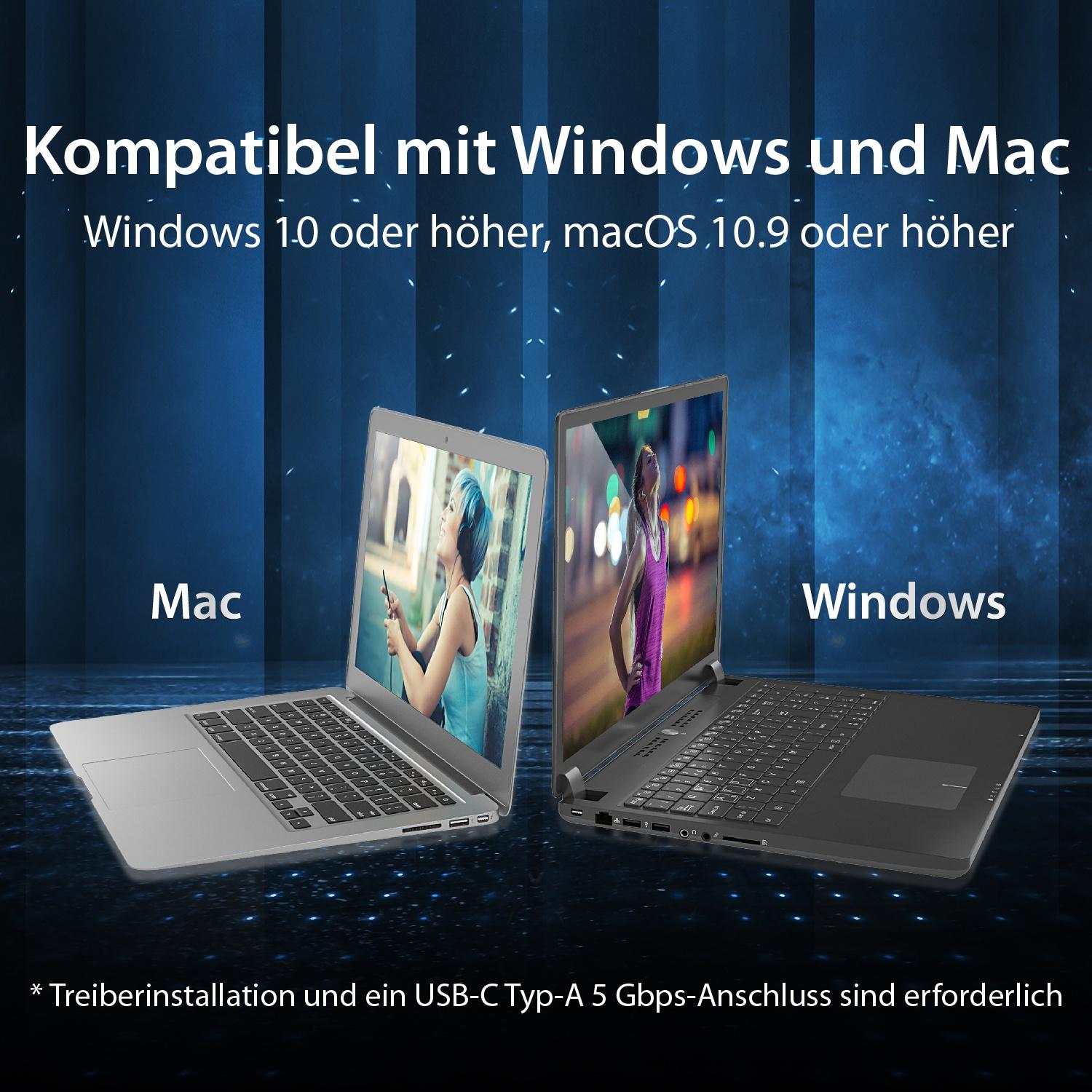 Dos portátiles uno al lado del otro, etiquetados como Mac y Windows. El texto destaca la compatibilidad con Windows y Mac OS.