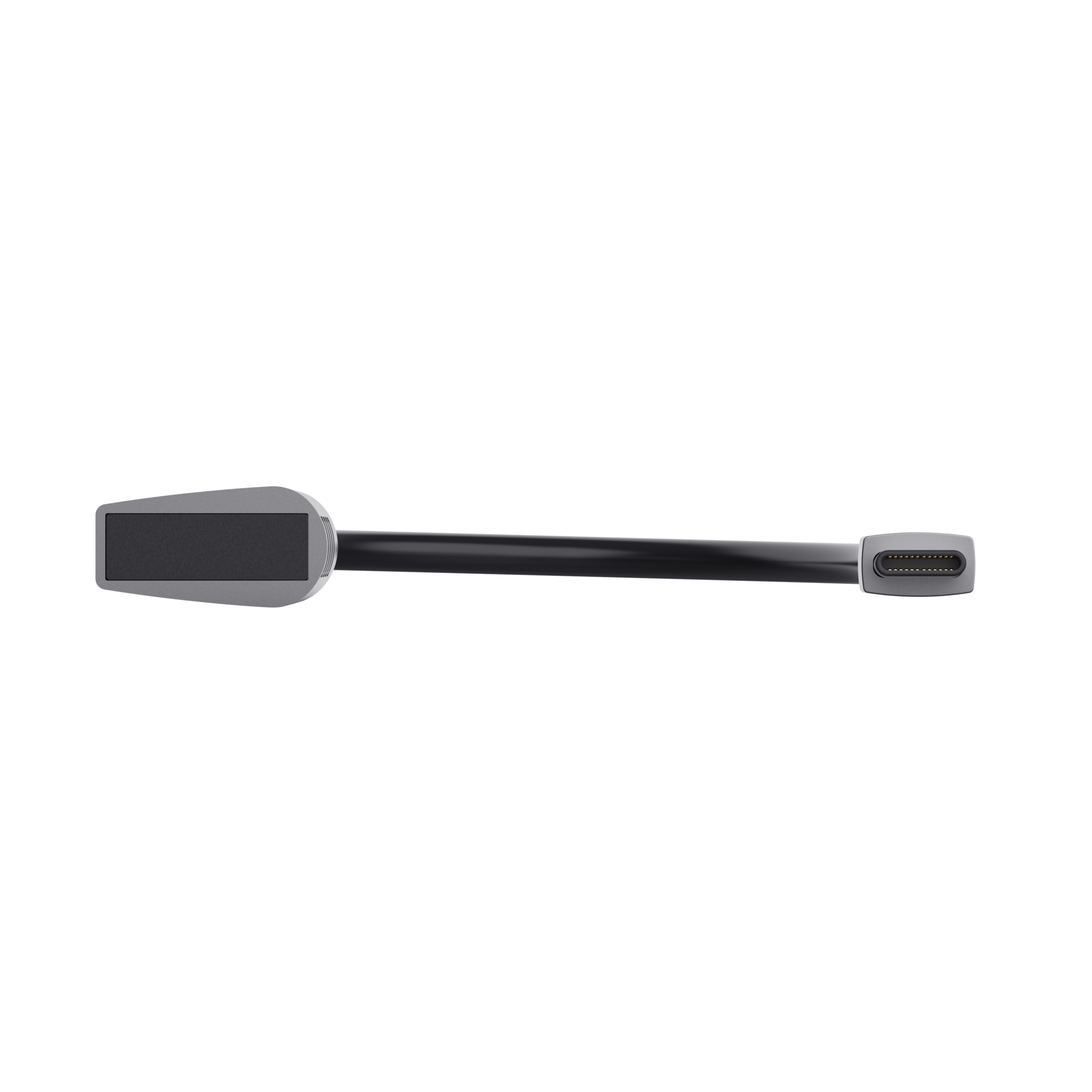 Een grijze USB-C-kabel op een zwarte achtergrond. Eén uiteinde is rechthoekig, de andere USB-C.