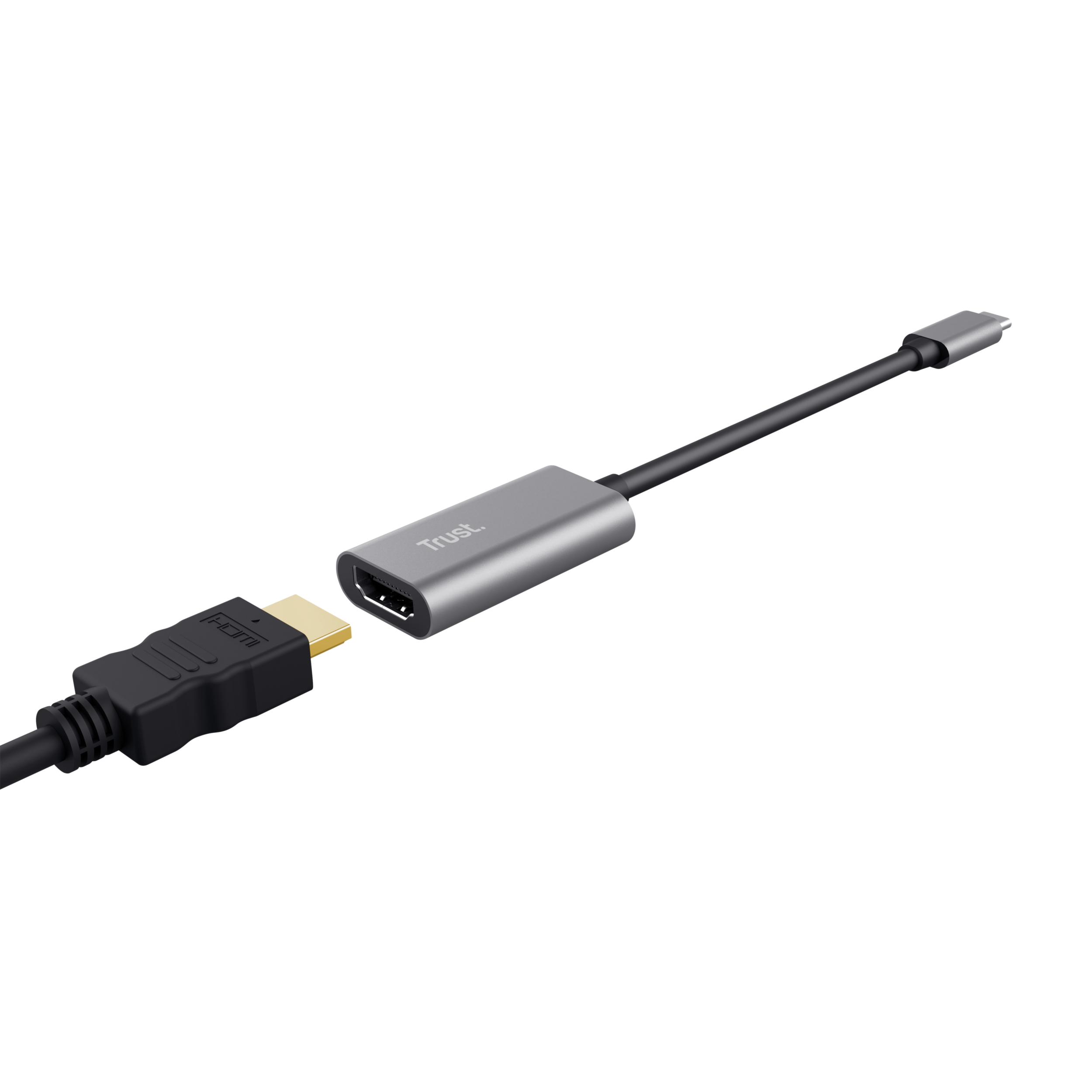 Een HDMI naar USB-C adapterkabel. De connector is zilverkleurig met de merknaam Trust.