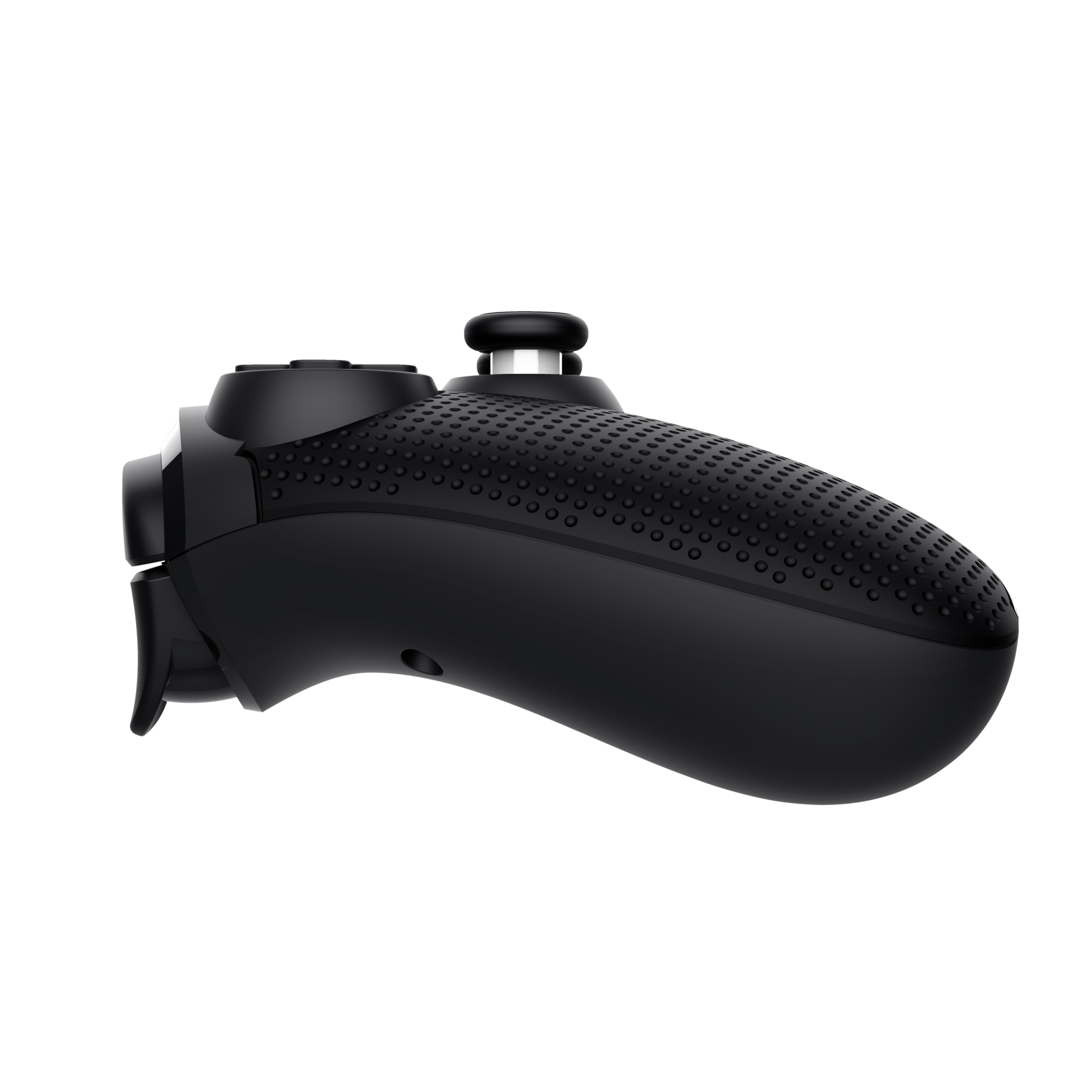 Schwarzer Gamecontroller, Seitenansicht, auf schwarzem Hintergrund, mit strukturierter Grifffläche und Knöpfen.
