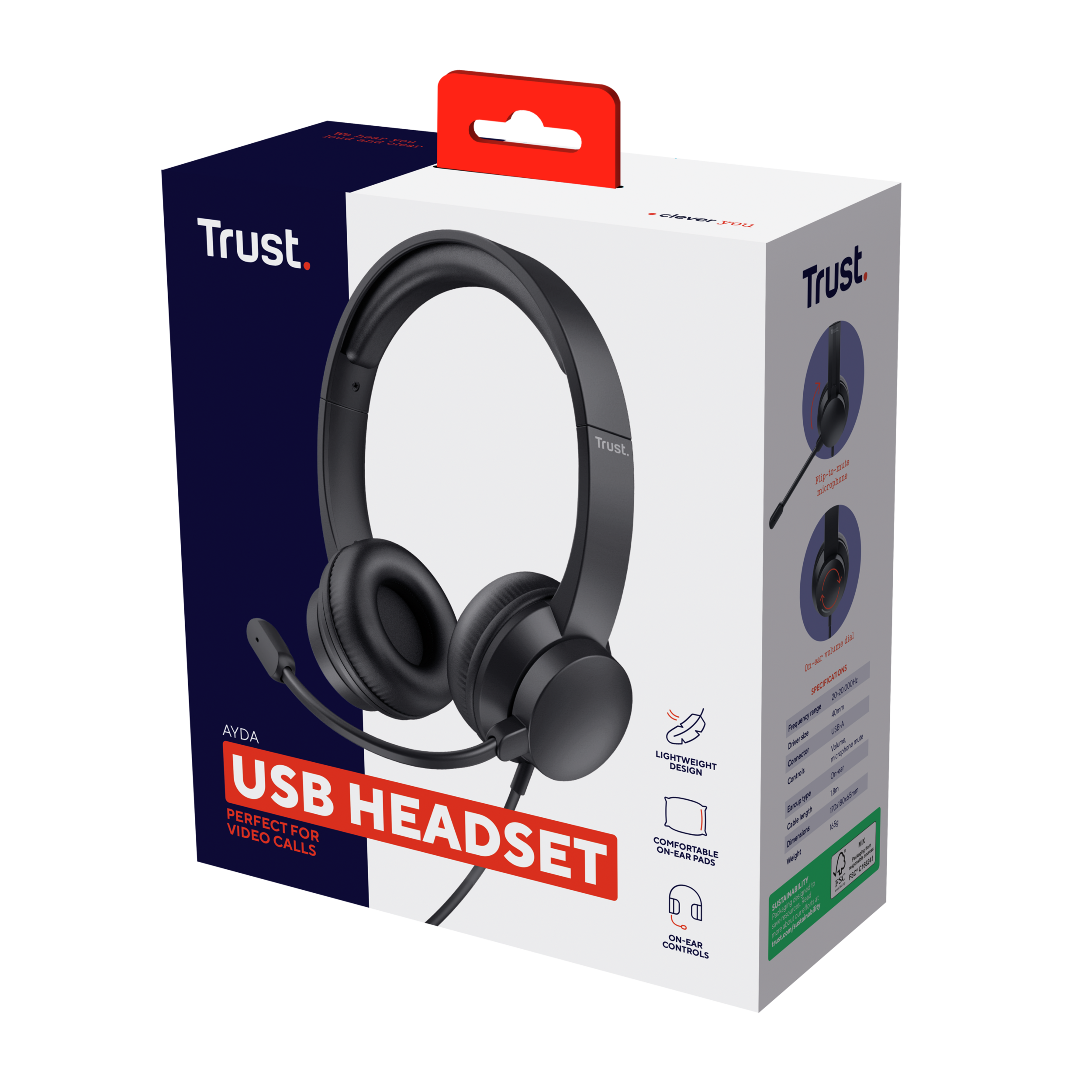 Czarny zestaw słuchawkowy USB w pudełku. Pudełko ma markę Trust i szczegóły produktu.