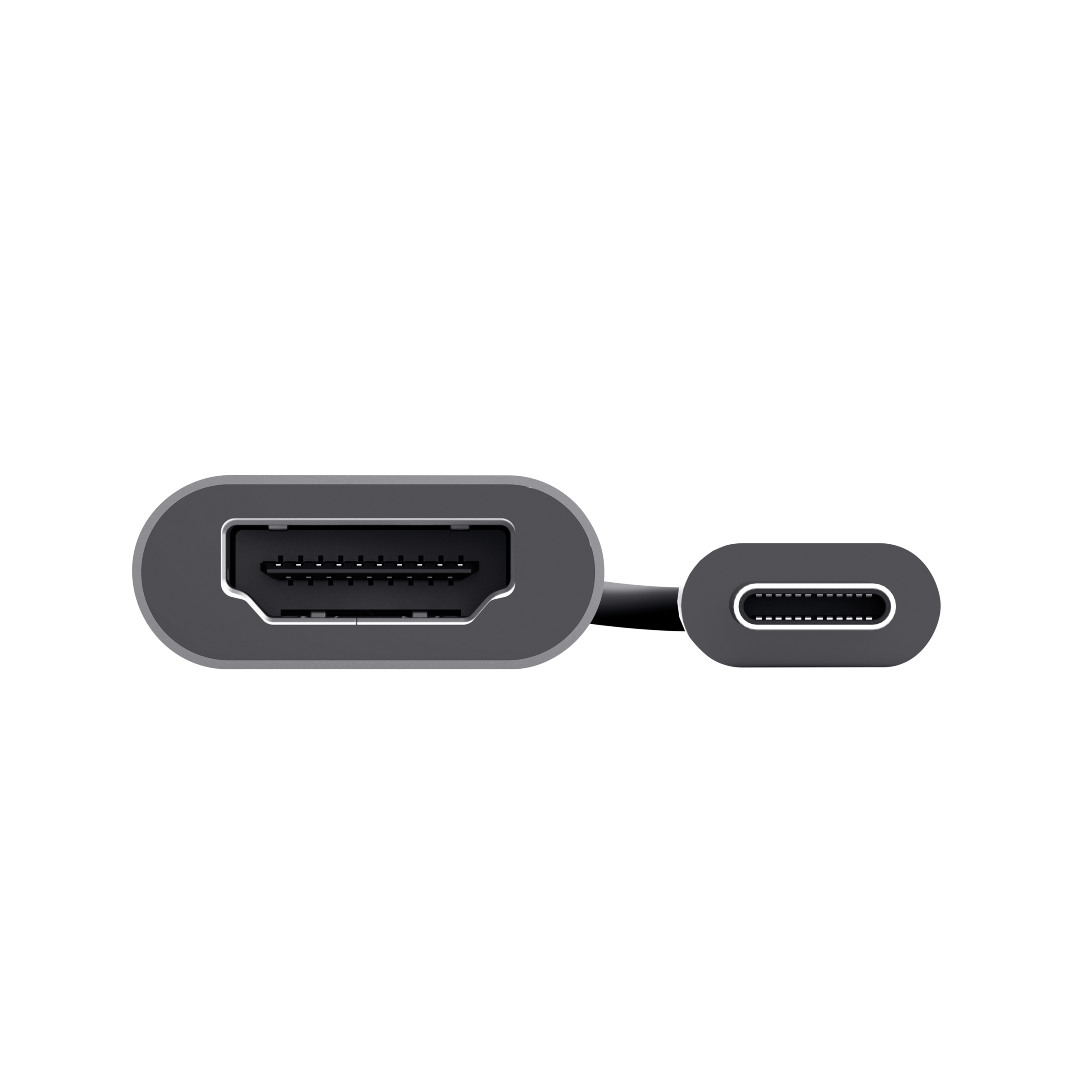 HDMI naar USB-C adapter. De HDMI-poort zit links en de USB-C rechts.