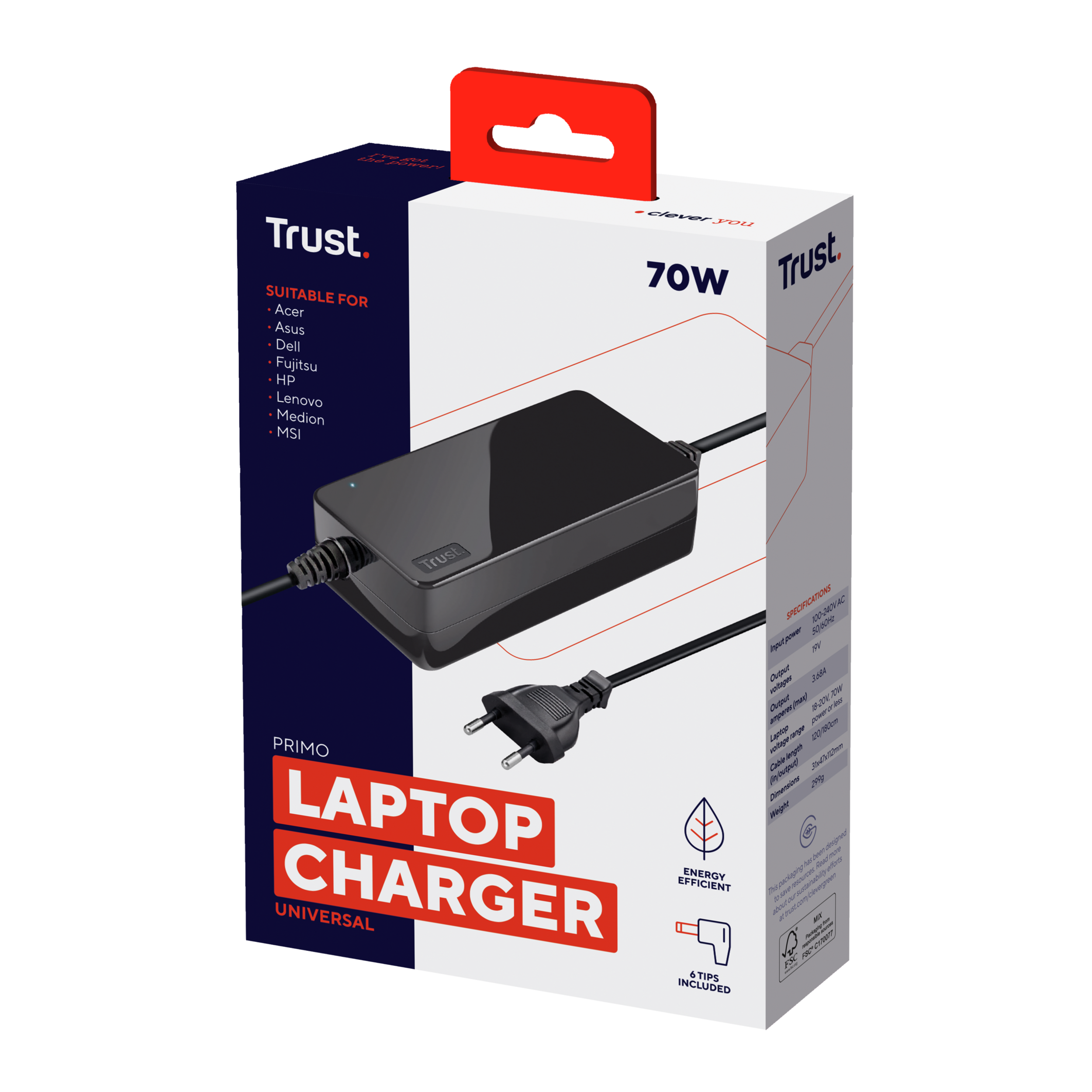Un chargeur d'ordinateur portable dans une boîte. La boîte est blanche et noire et porte la marque Trust.