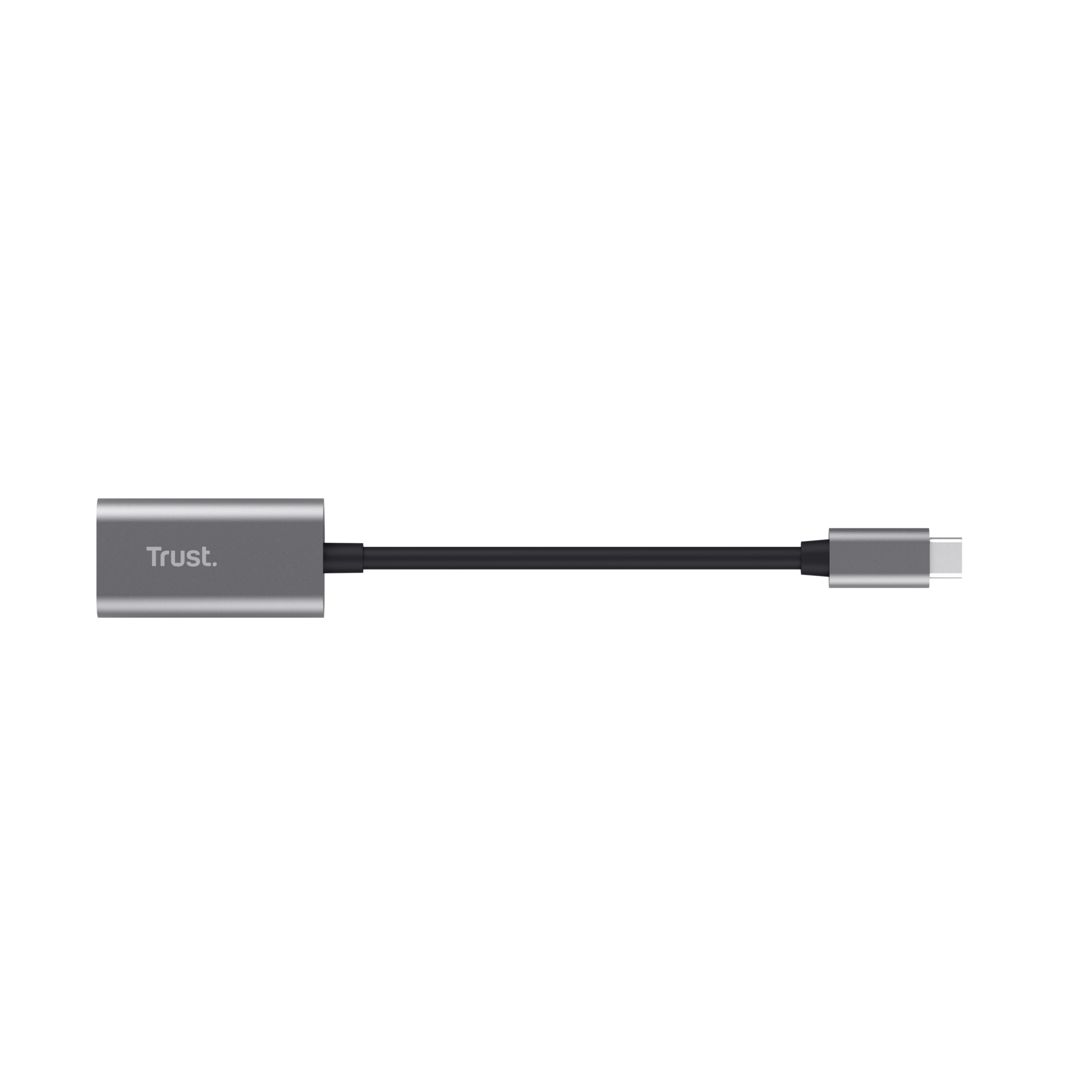 Een grijze USB-C adapterkabel, zwarte kabel, zwarte achtergrond.
