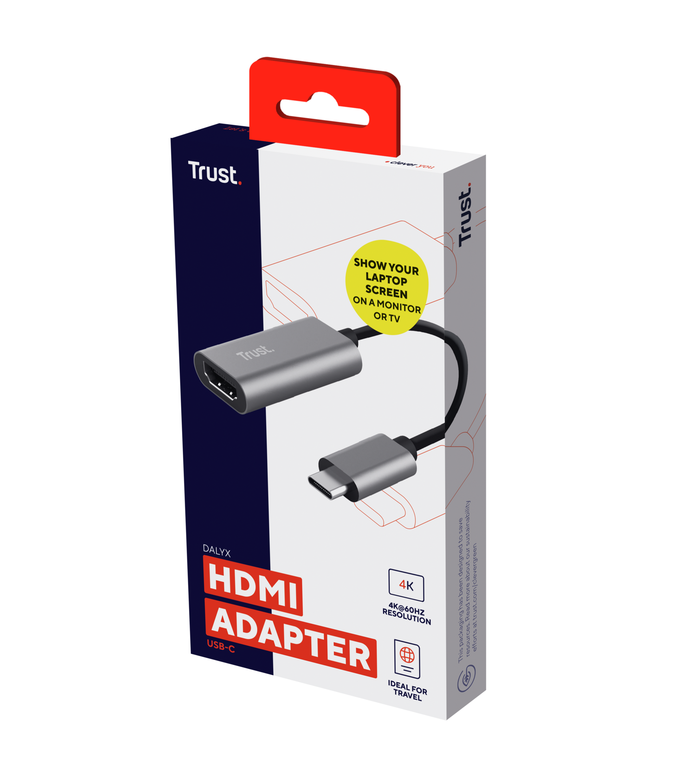 Een USB-C naar HDMI-adapter in een doos met tekst en een afbeelding van de adapter en kabel.