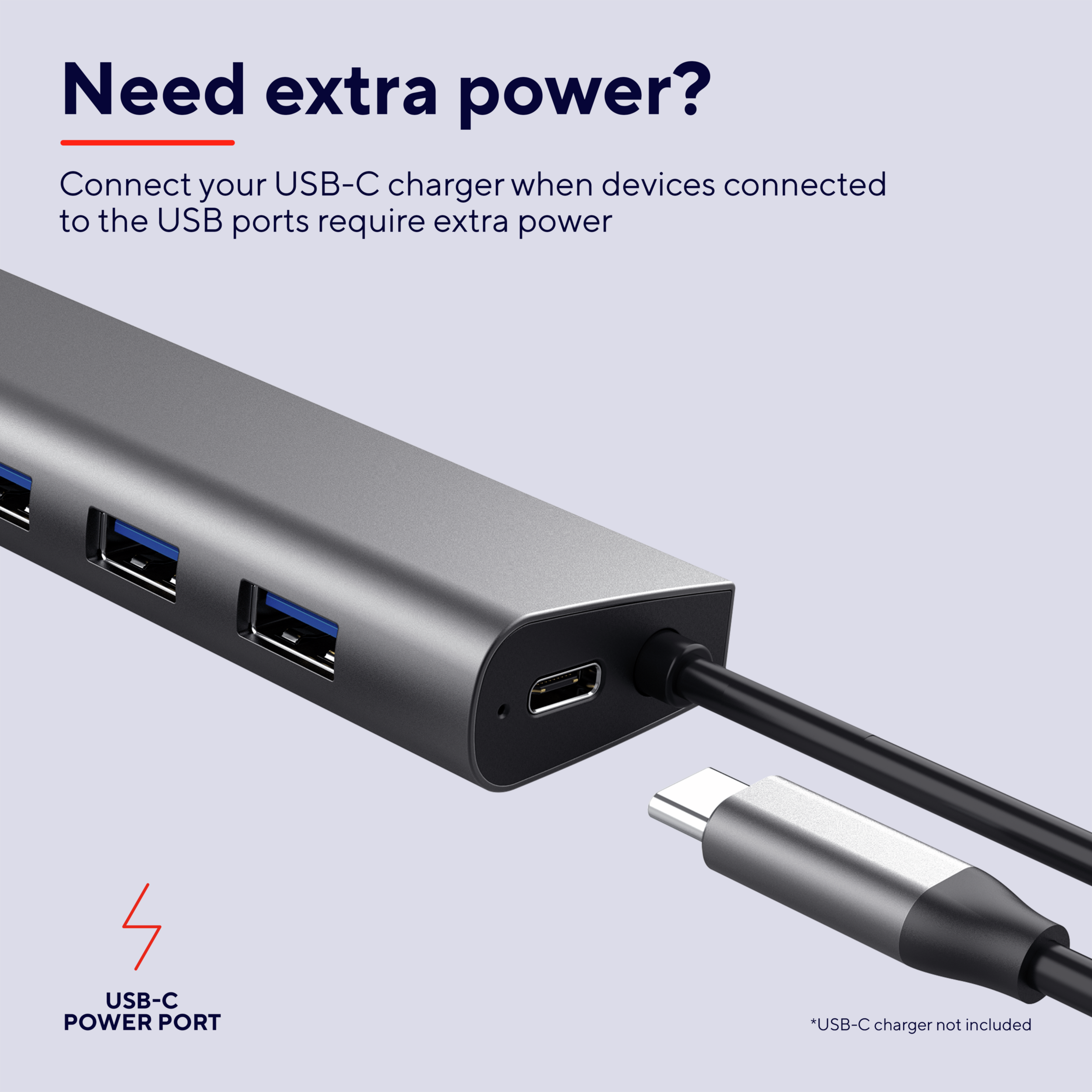 USB-C-Stromanschluss an einem Hub, verbunden mit einem Kabel. Der Text lautet: 'Benötigen Sie zusätzliche Energie?'.