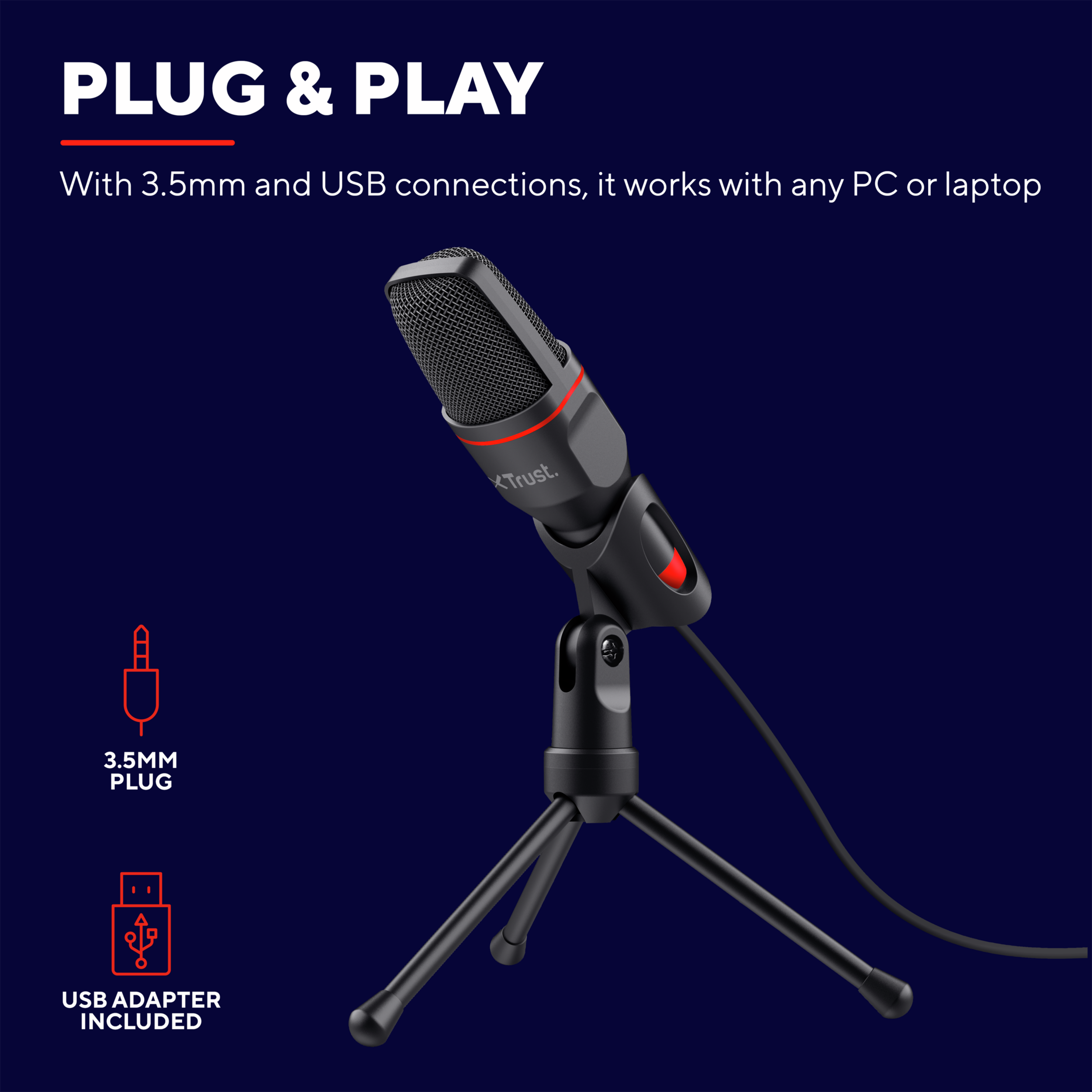 Mikrofon ze statywem, czerwonymi akcentami i połączeniem USB na granatowym tle.