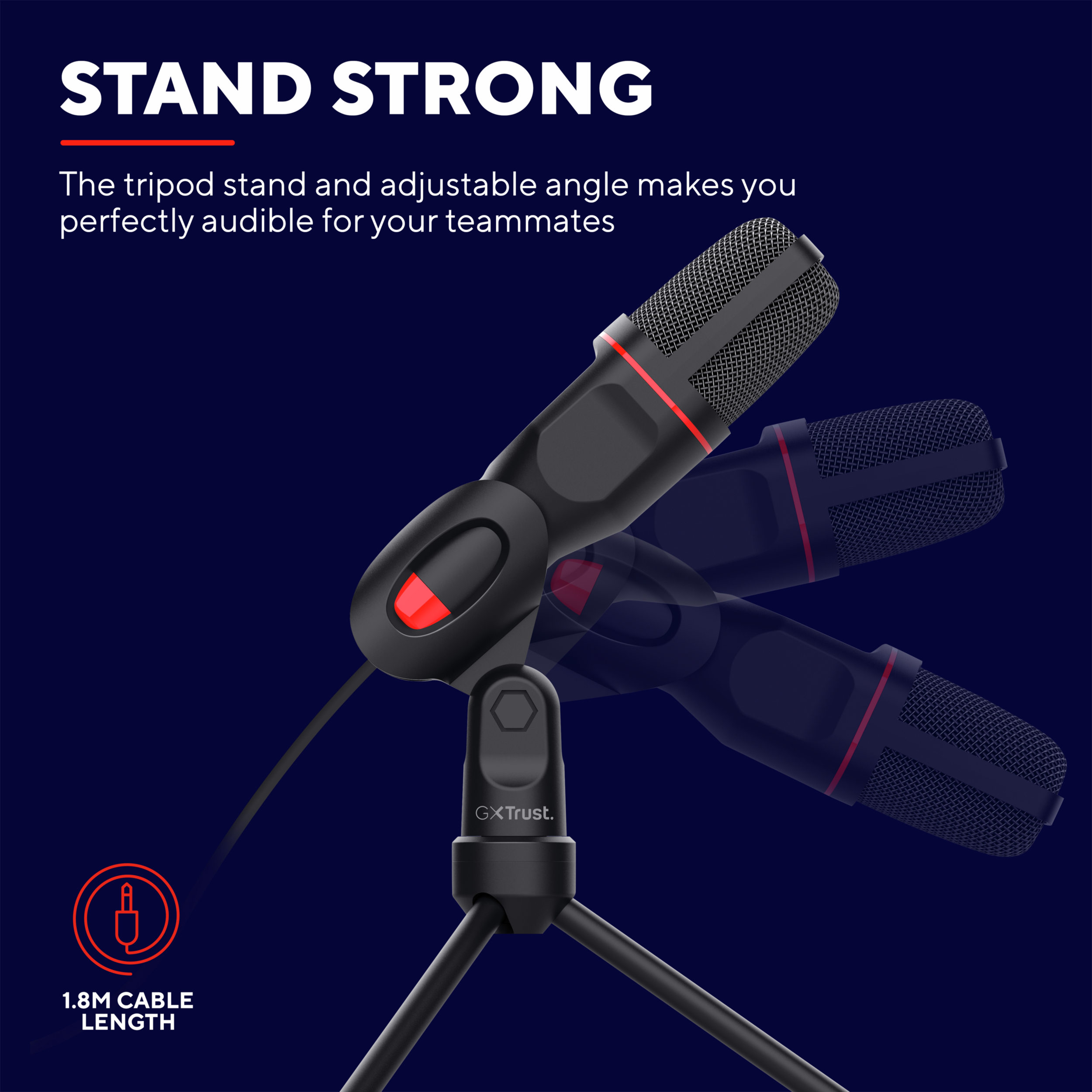 Mikrofon na statywie z czerwonym akcentem, na ciemnoniebieskim tle.