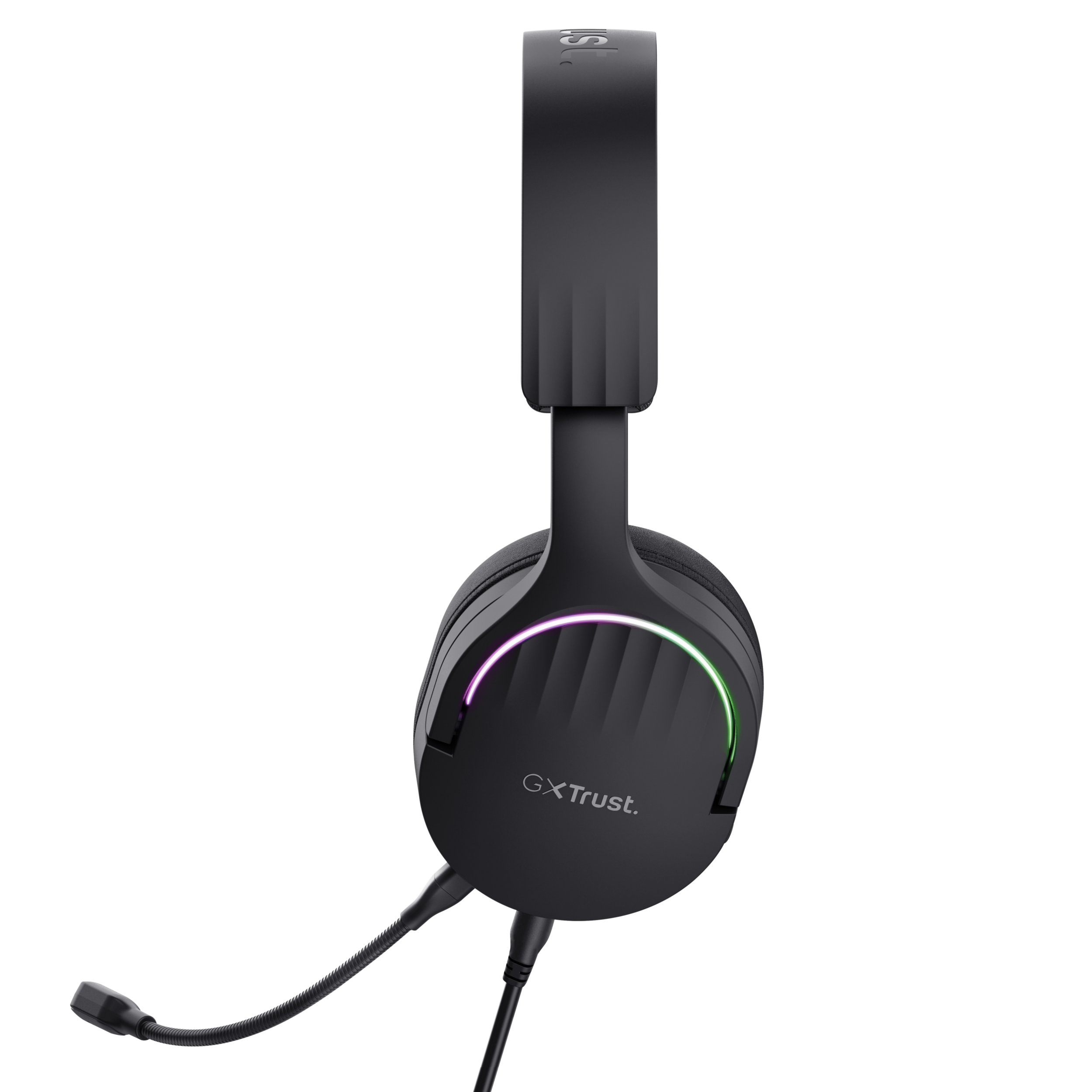 Black Trust gaming headphones with microphone and colorful lighting on the earcups.